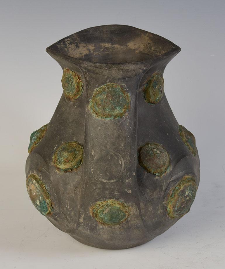 18th Century and Earlier Han Dynasty, Rare Antique Chinese Pottery Amphora Decorated with Bronze Ornament For Sale