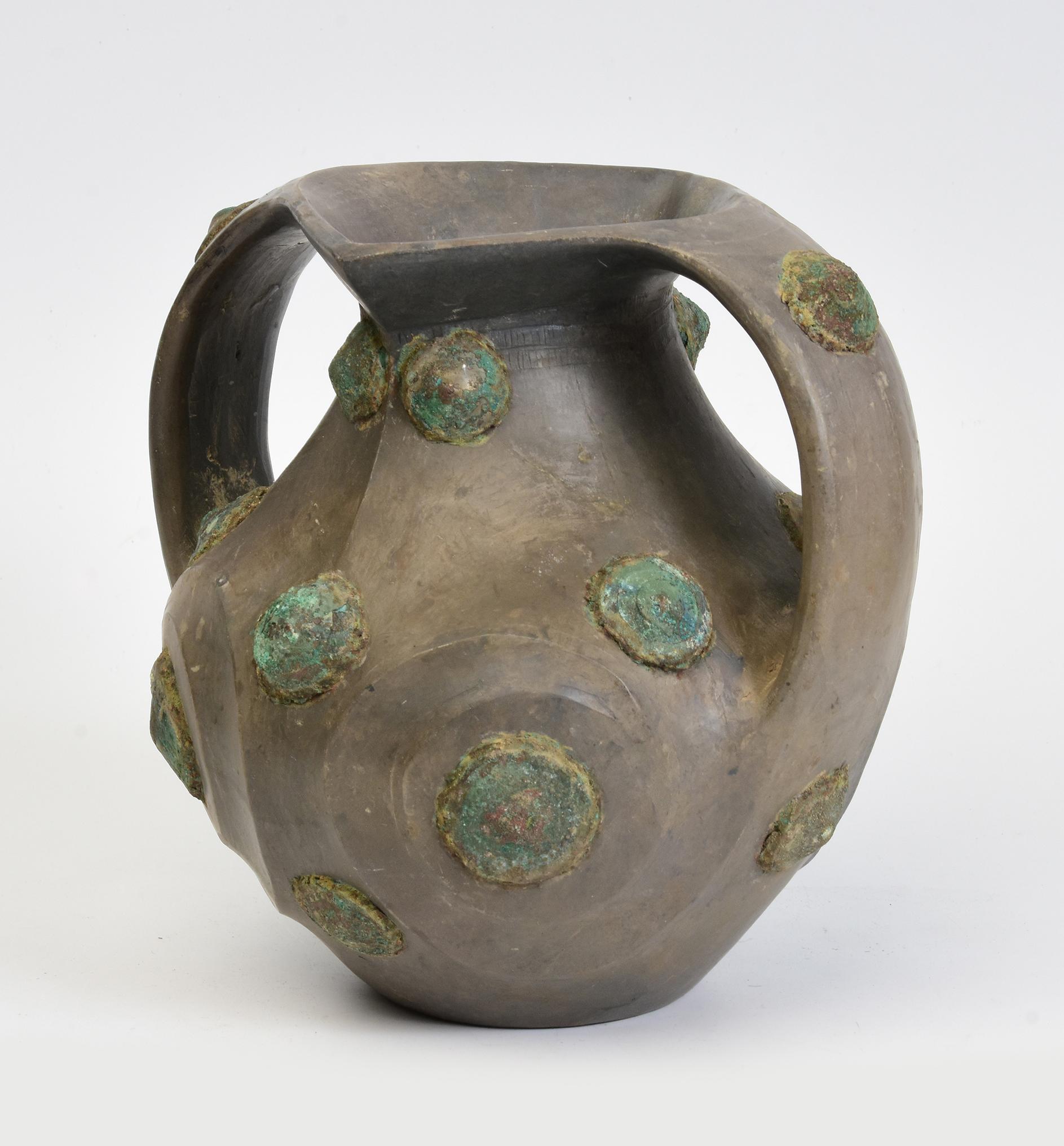 Han Dynasty, Rare Antique Chinese Pottery Amphora Decorated with Bronze Ornament For Sale 1