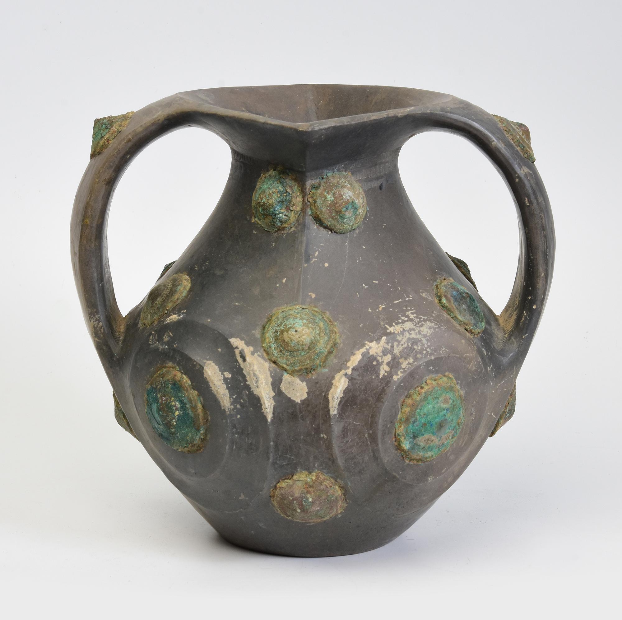 Han Dynasty, Rare Antique Chinese Pottery Amphora Decorated with Bronze Ornament For Sale 4