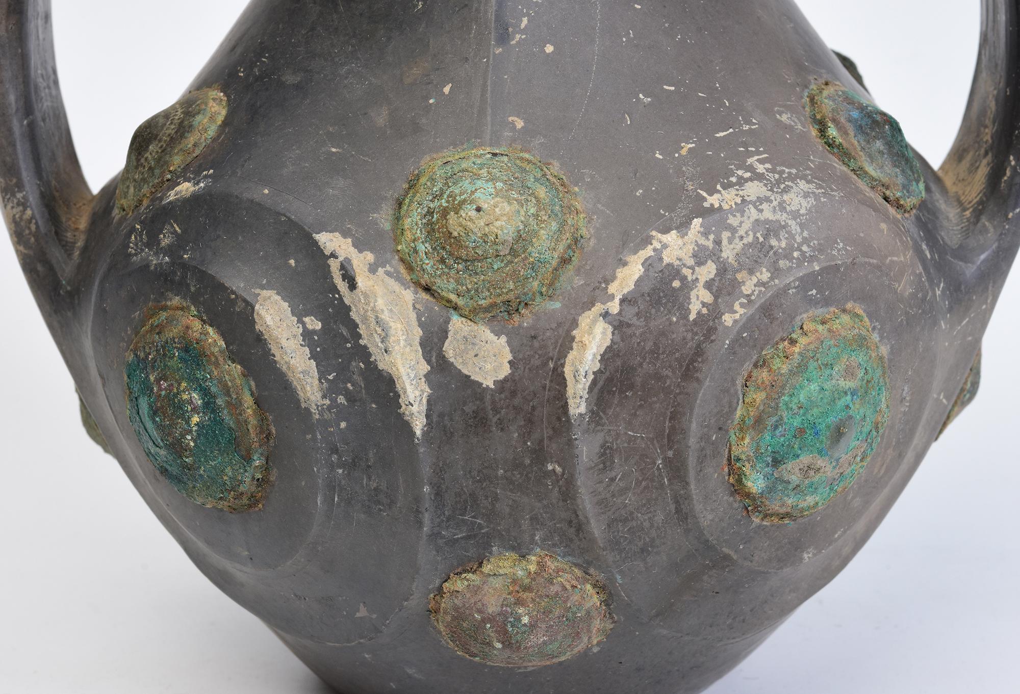 Han Dynasty, Rare Antique Chinese Pottery Amphora Decorated with Bronze Ornament For Sale 5