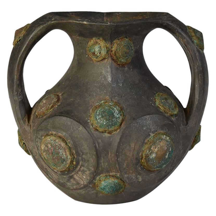 Han Dynasty, Rare Antique Chinese Pottery Amphora Decorated with Bronze Ornament For Sale