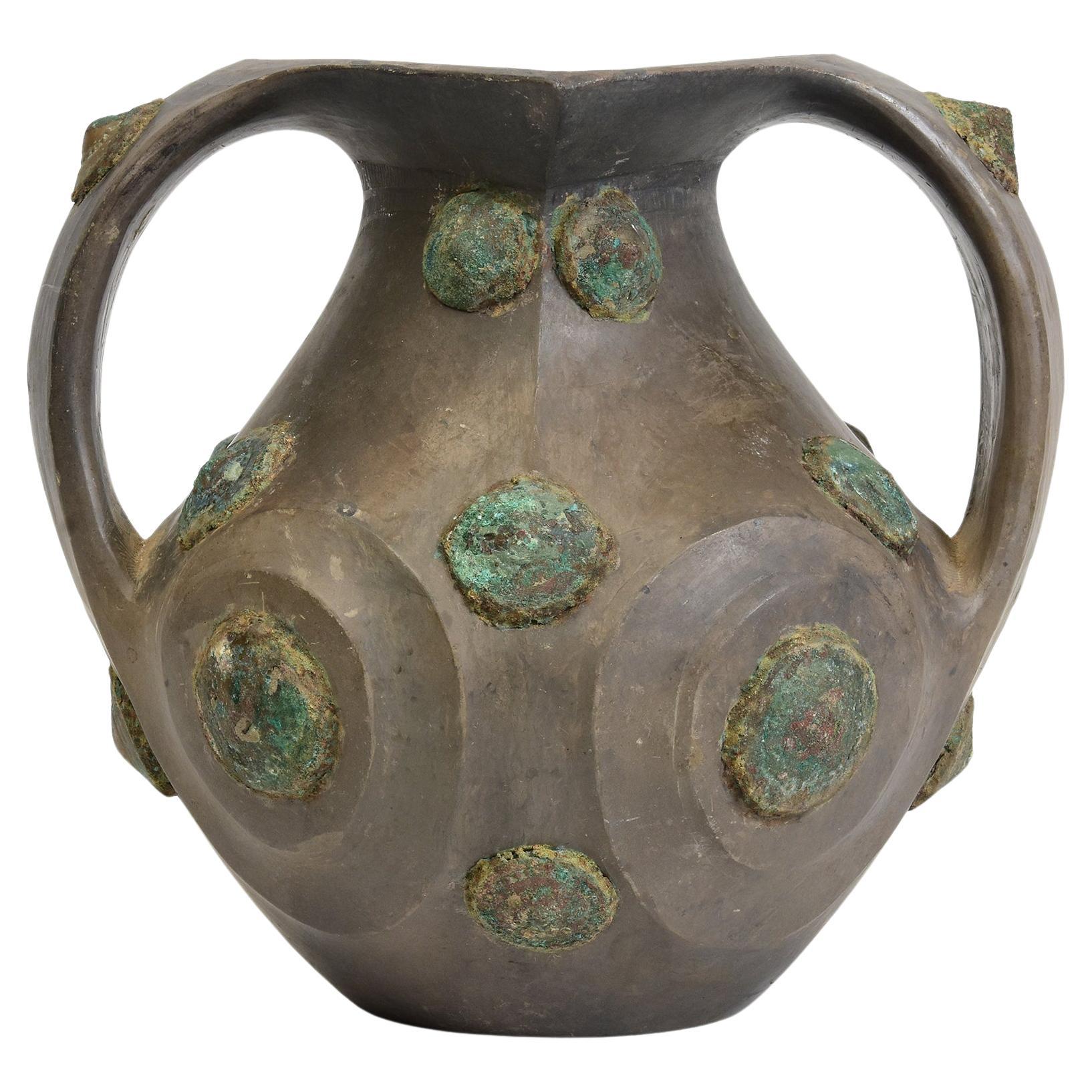 Han Dynasty, Rare Antique Chinese Pottery Amphora Decorated with Bronze Ornament For Sale
