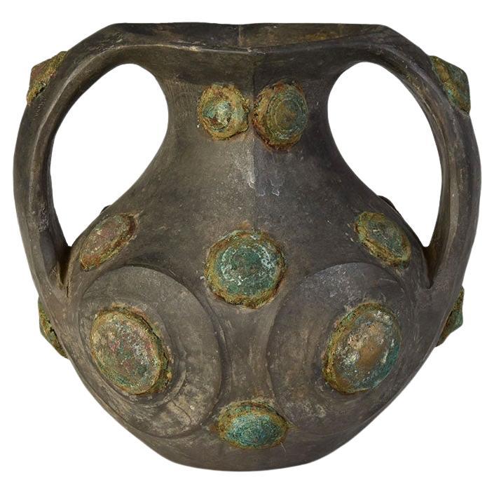 Dinastía Han, rara ánfora antigua de cerámica china decorada con ornamento de bronce