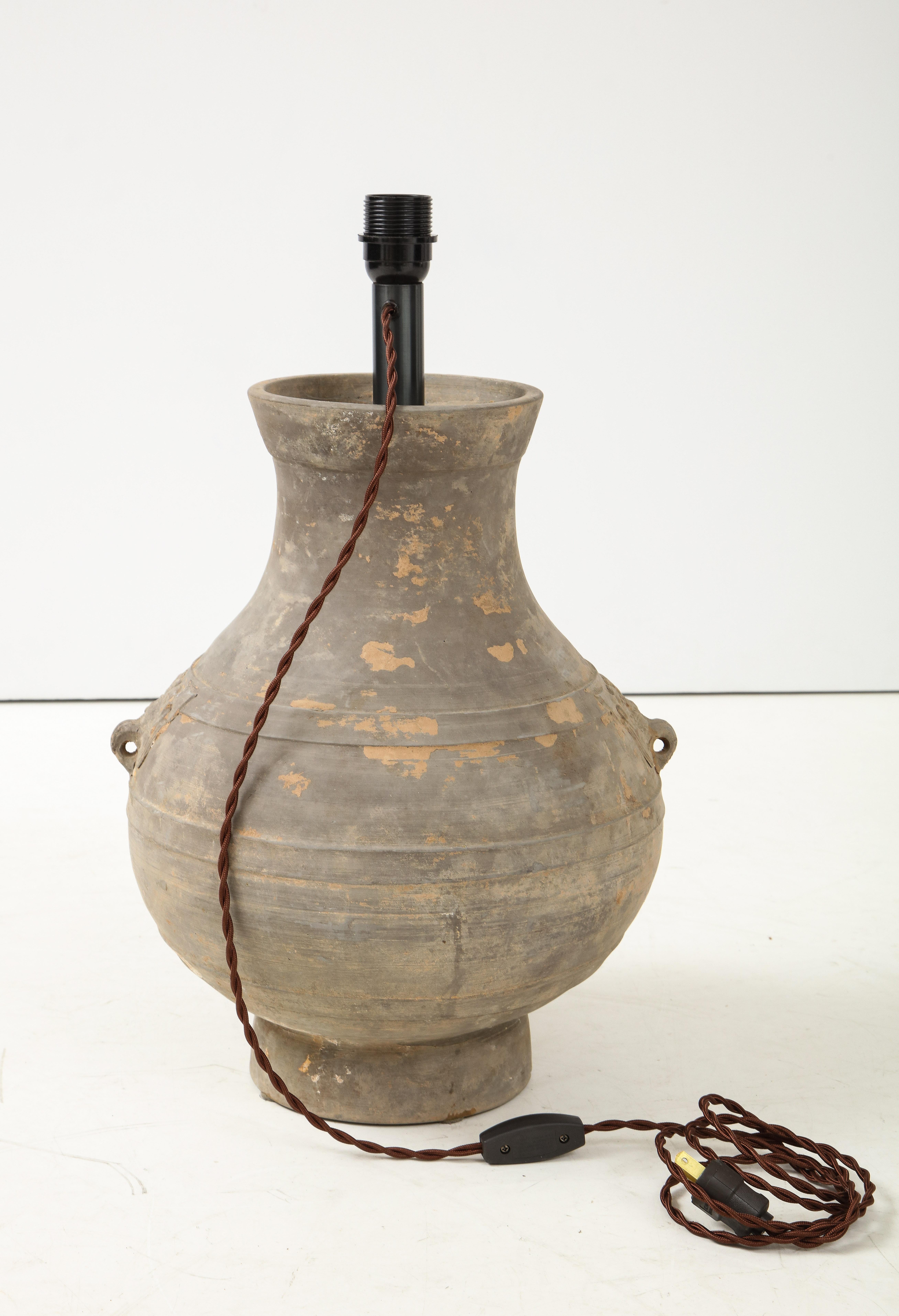 19th Century Large 'Han Dynasty’ Vessel Lamp, China with Belgian Linen Shade