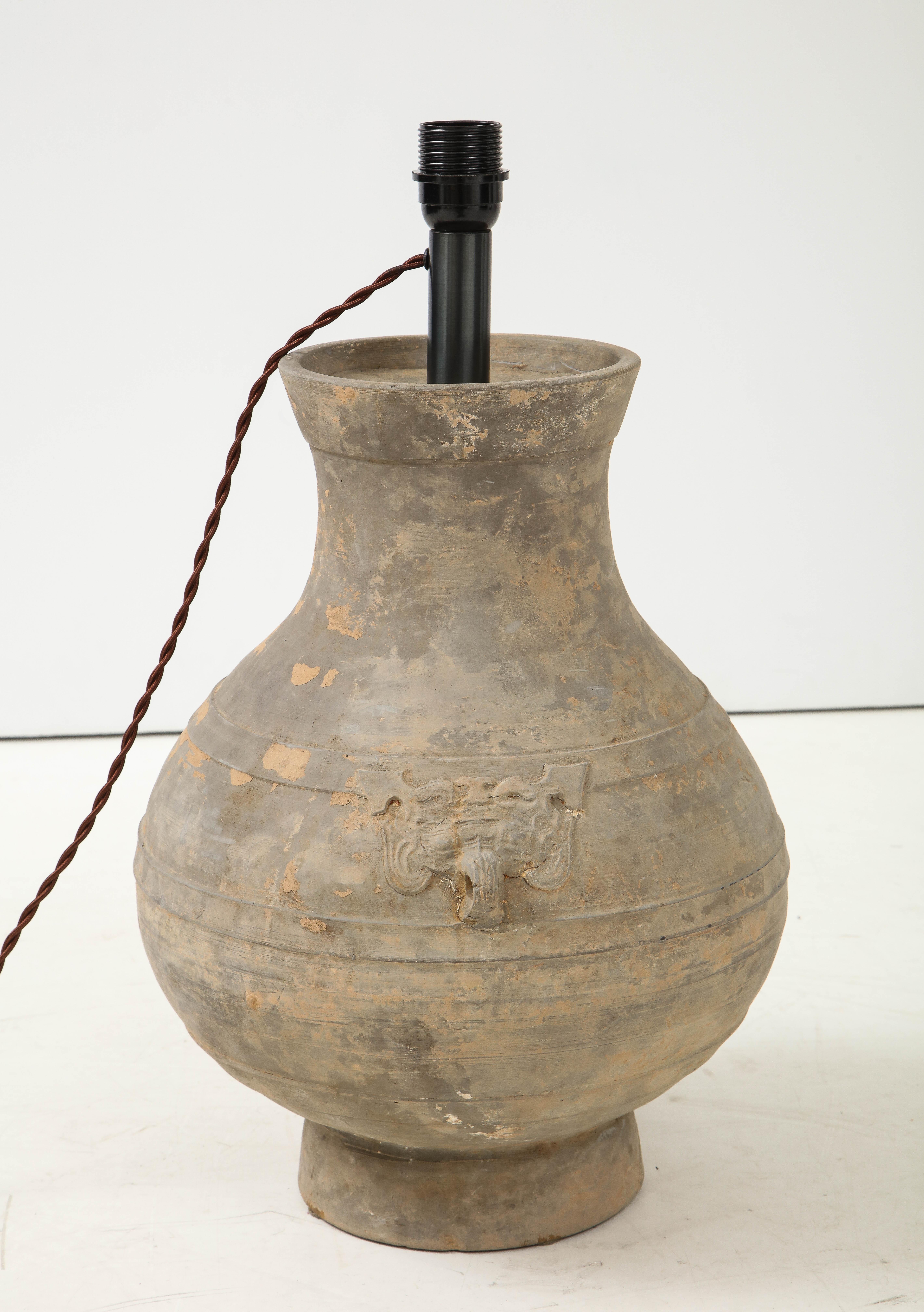 Clay Large 'Han Dynasty’ Vessel Lamp, China with Belgian Linen Shade