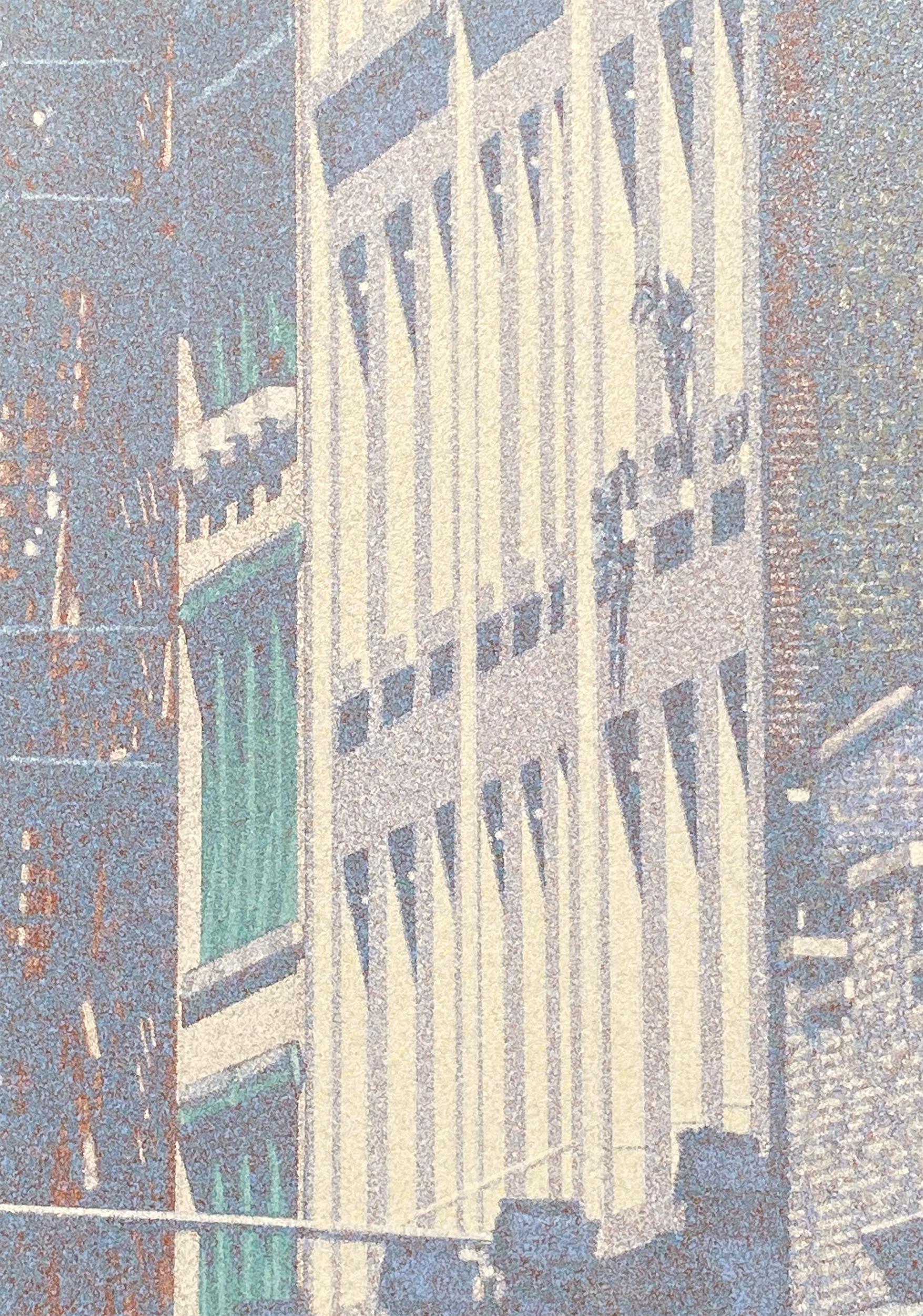 A Photorealistic painting executed in a Pointillist style by HN Han. A view of West Broadway, New York City in the direct midday sun. This large acrylic on canvas is signed and dated verso by the artist.

465 W Broadway - Fire Escape
H.N. Han,