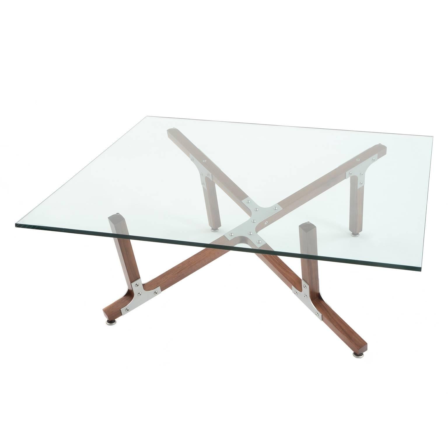Modern Industrial Coffee Table by Peter Harrison. Square Glass, Metal, Wood