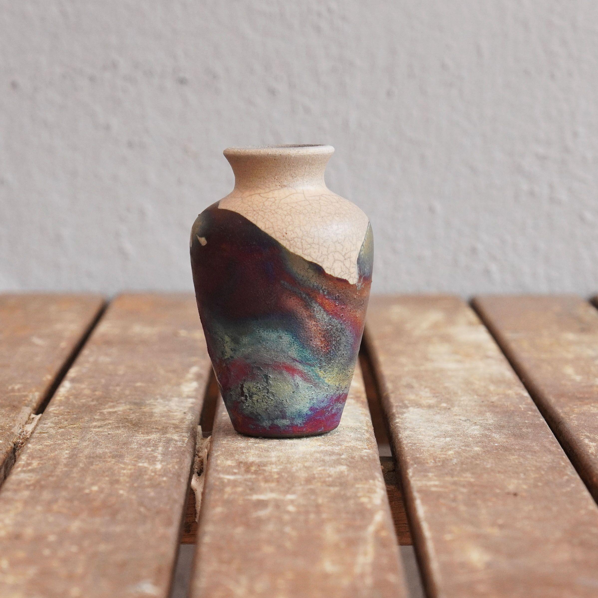 Malaysian Hana Mini Set Vase Raku Ceramic - Half Copper Matte - Handmade Home Decor Gift For Sale