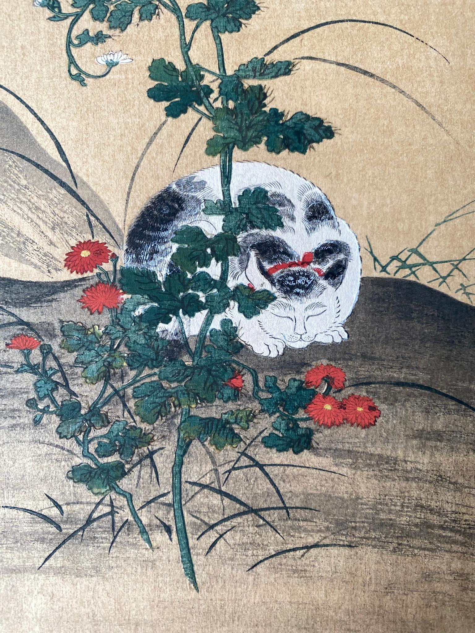 Authentic Japanese Woodblock Print-White Cat-Hanabusa Itchō-Edo-Re-carved 1920s For Sale 9