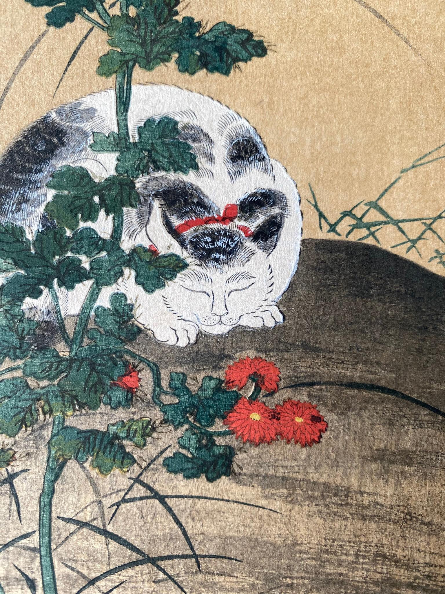 Authentic Japanese Woodblock Print-White Cat-Hanabusa Itchō-Edo-Re-carved 1920s For Sale 15
