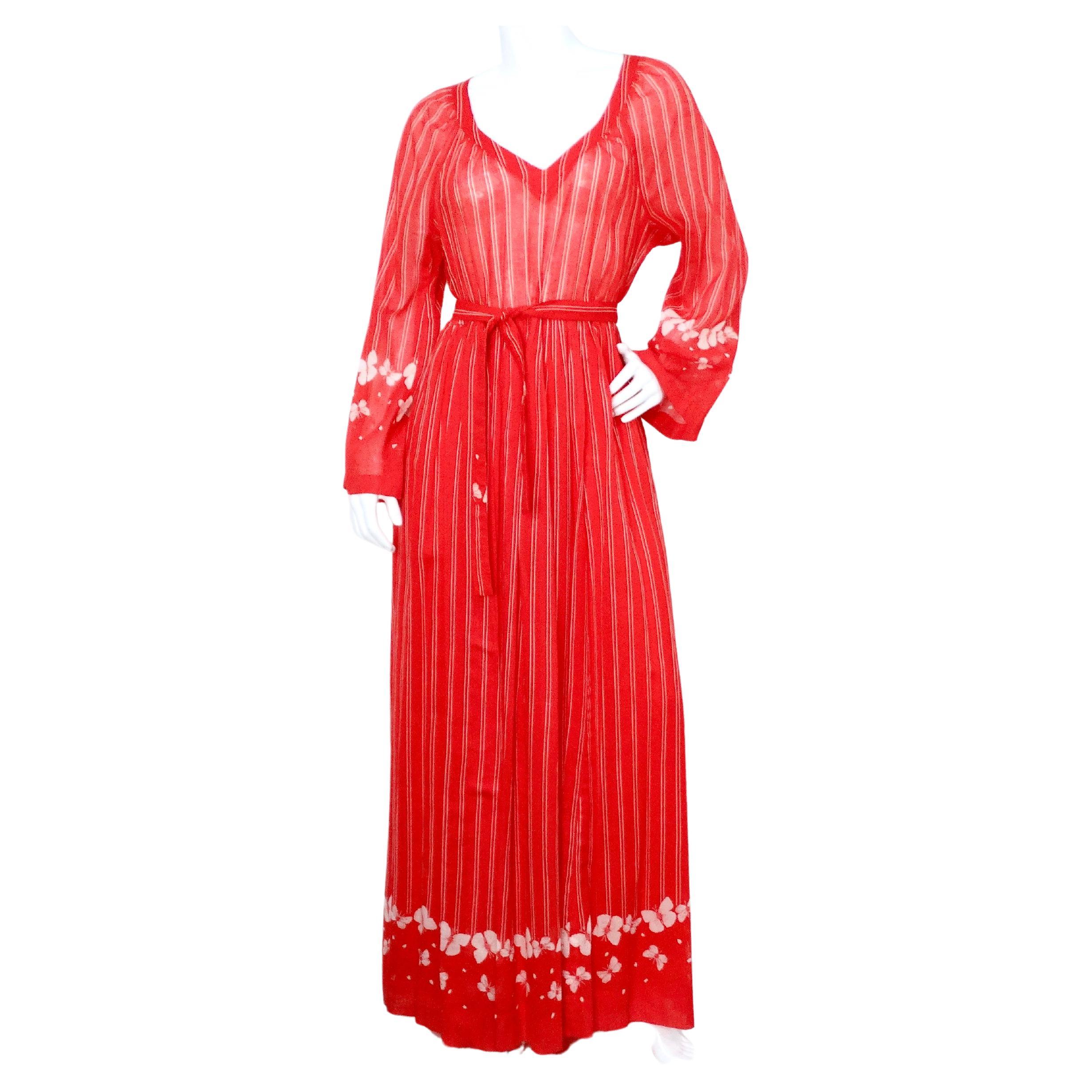 Hanae Mori 1970s Red & White Striped Maxi Dress With Butterfly Print For Sale