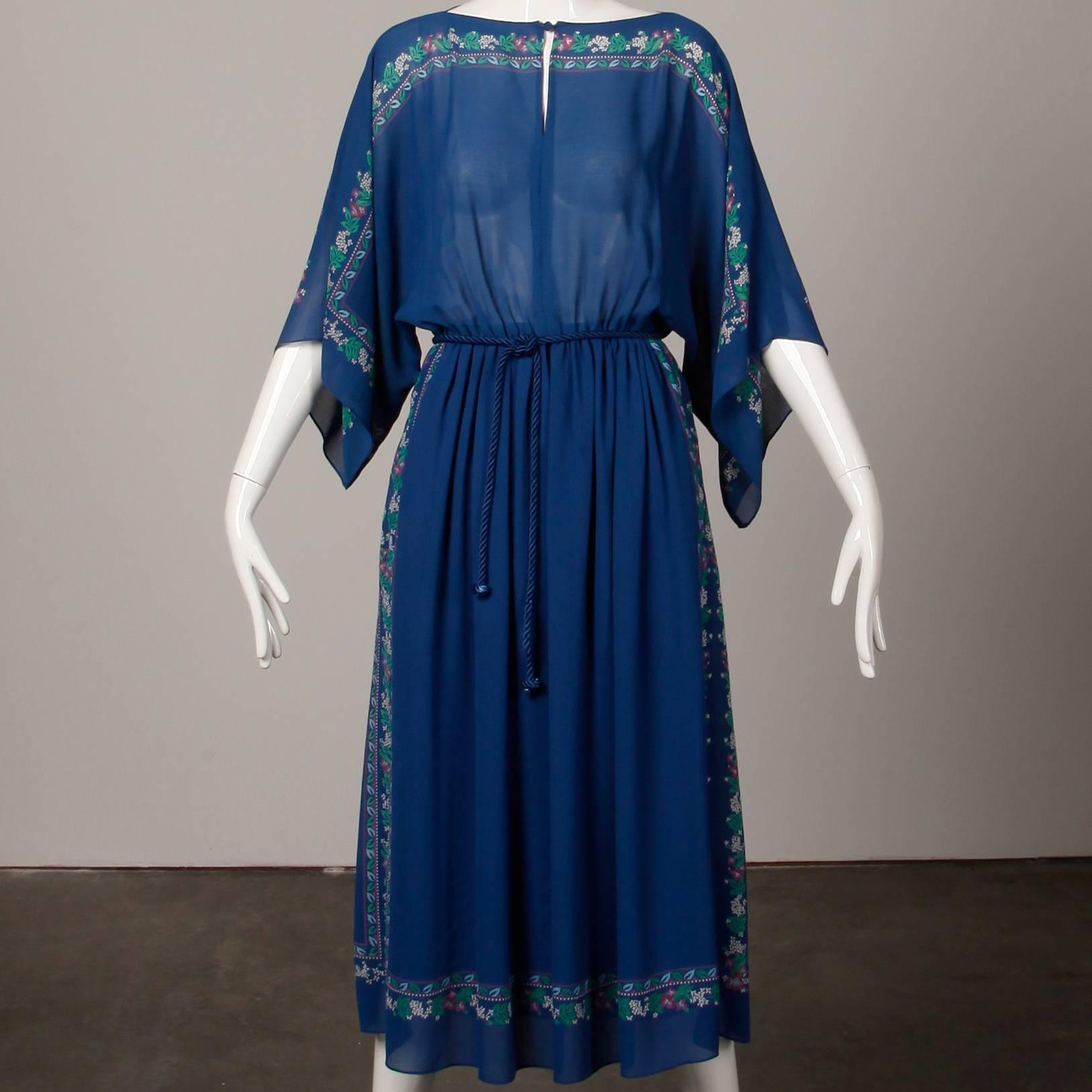 Women's Hanae Mori 1970s Vintage Blue Floral Print Midi Dress with Kimono Angel Sleeves