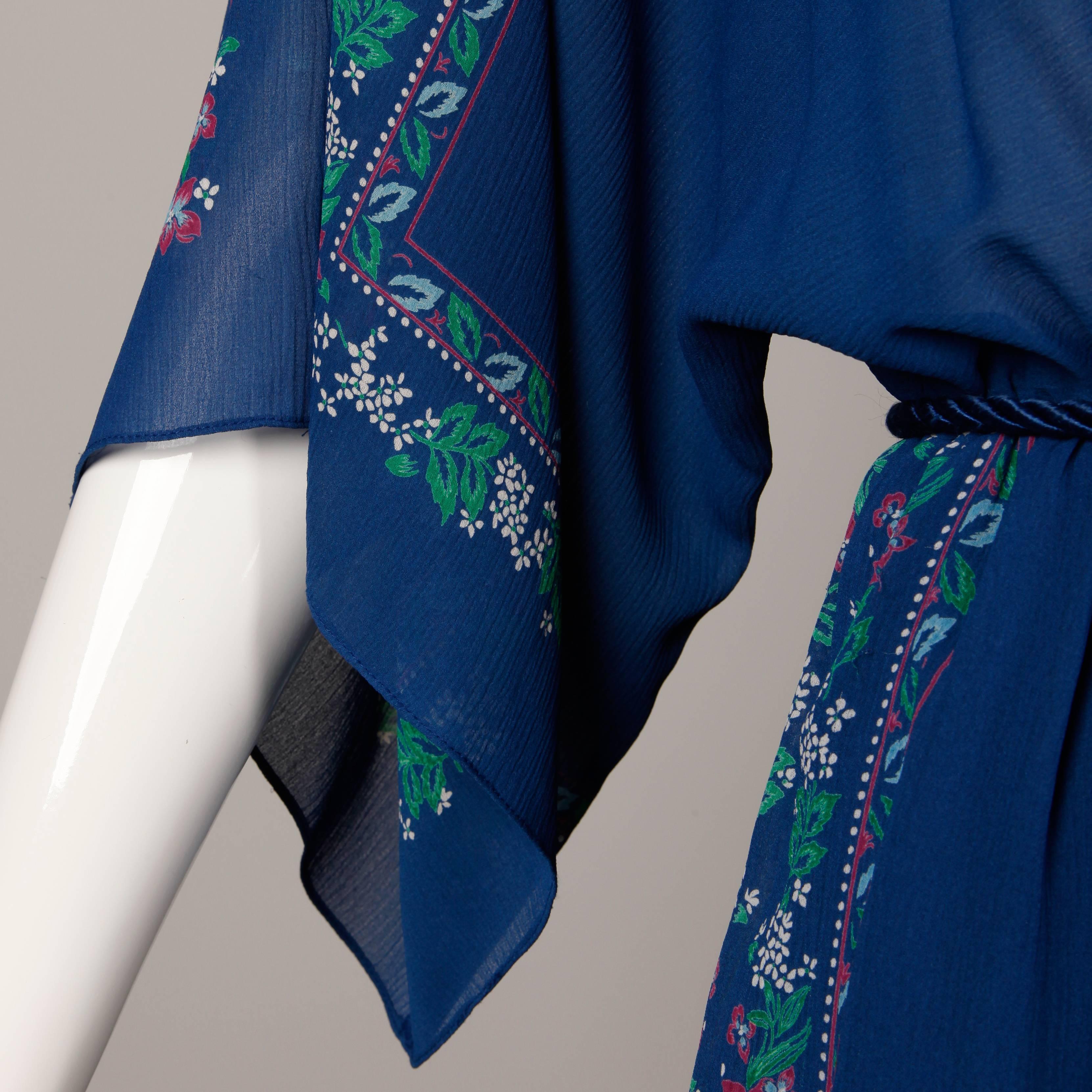 Hanae Mori 1970s Vintage Blue Floral Print Midi Dress with Kimono Angel Sleeves 1