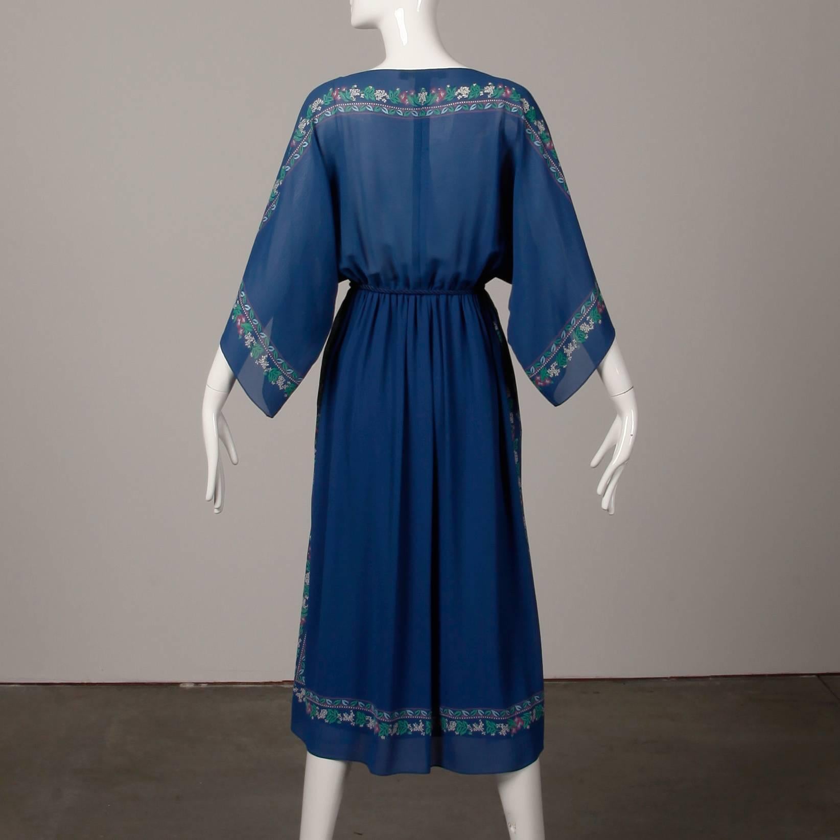 Hanae Mori 1970s Vintage Blue Floral Print Midi Dress with Kimono Angel Sleeves 2