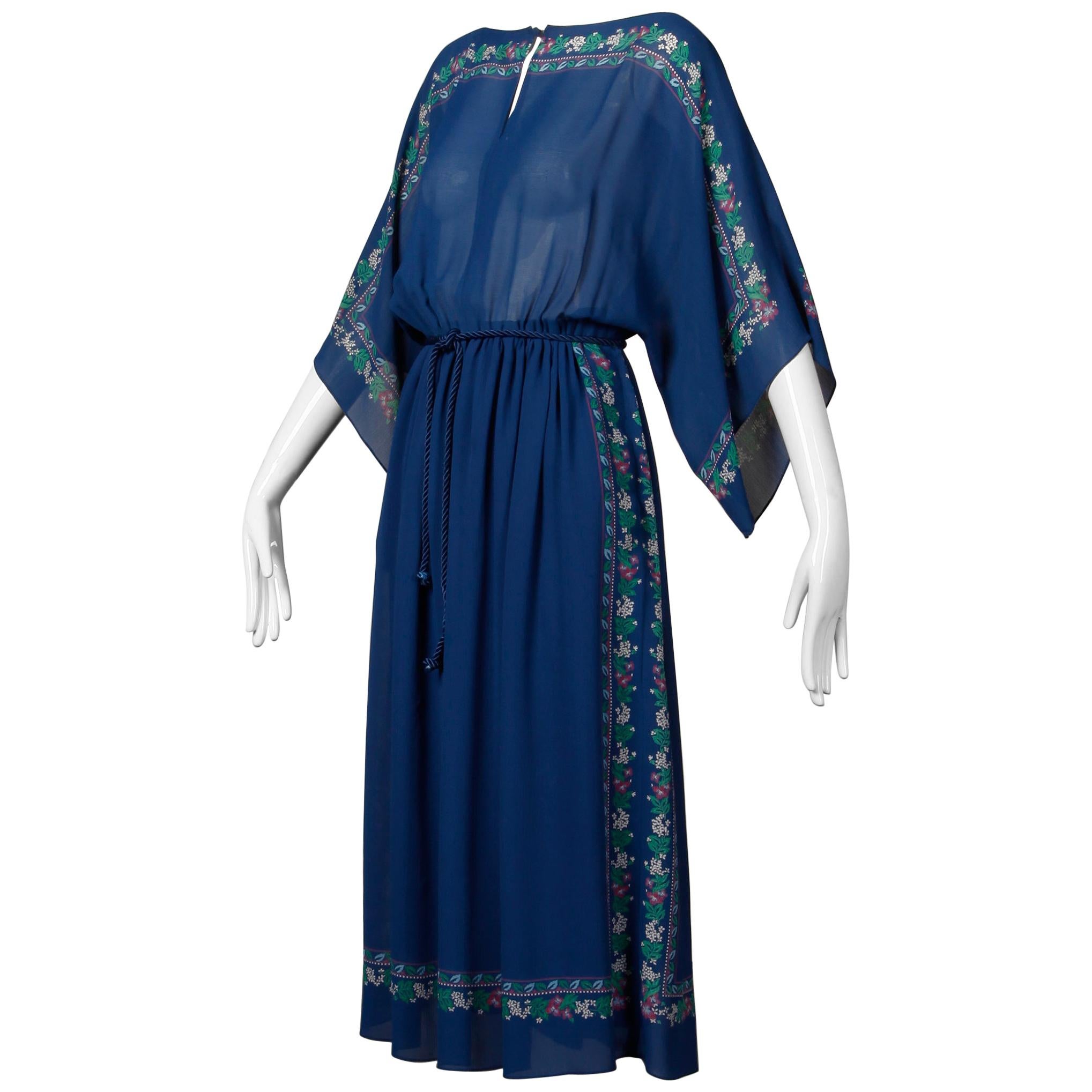 Hanae Mori 1970s Vintage Blue Floral Print Midi Dress with Kimono Angel Sleeves