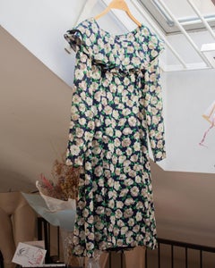 Hanae Mori 1980's silk and velvet floral pattern ruffle neck fit flare dress