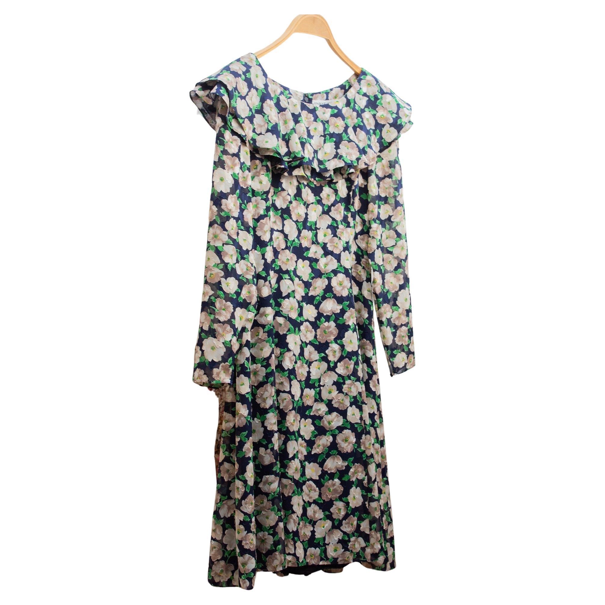 Hanae Mori 1980's silk and velvet floral pattern ruffle neck fit flare ...
