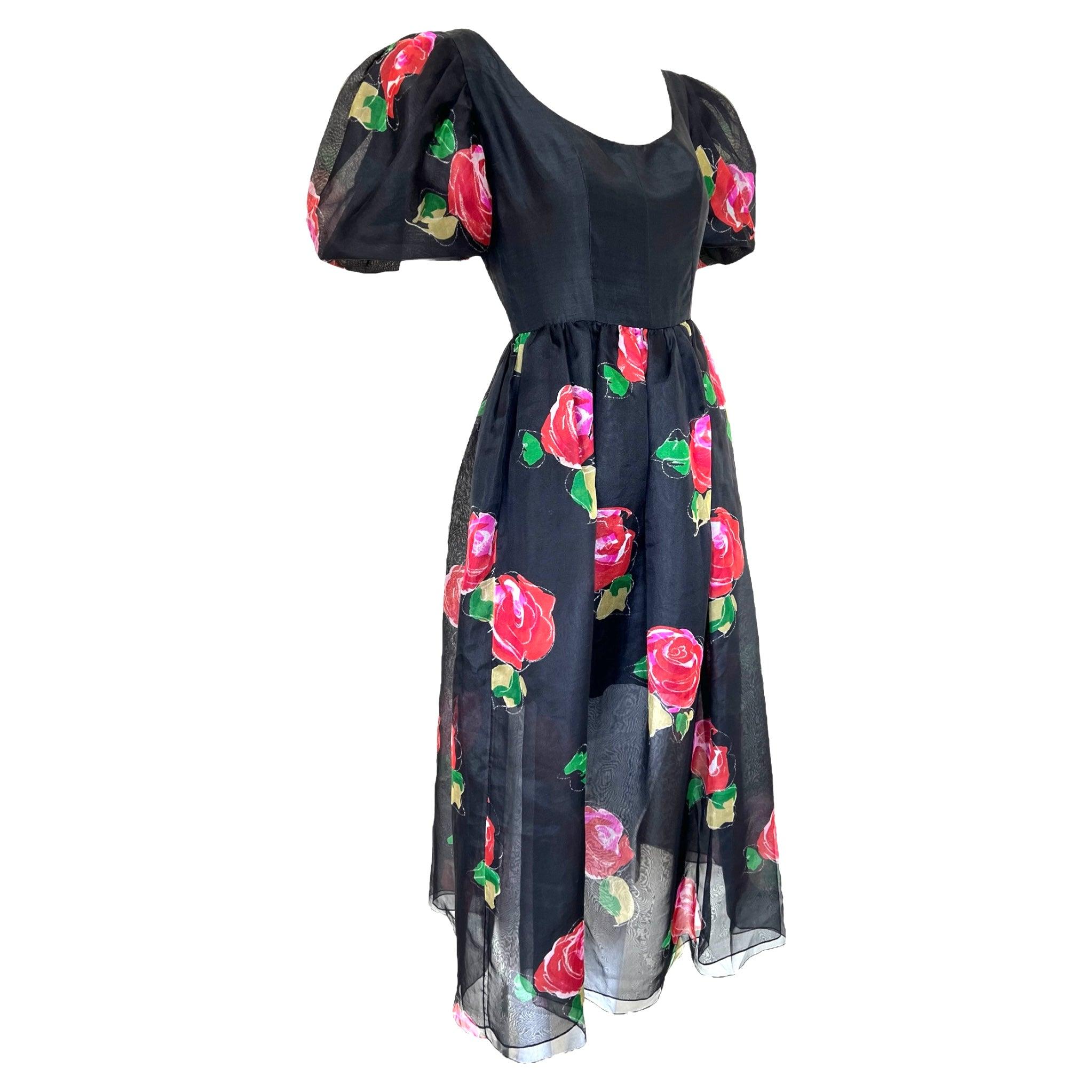 Hanae Mori Black Rose Print Silk Organdy Dress, 1980s In Excellent Condition For Sale In Los Angeles, CA