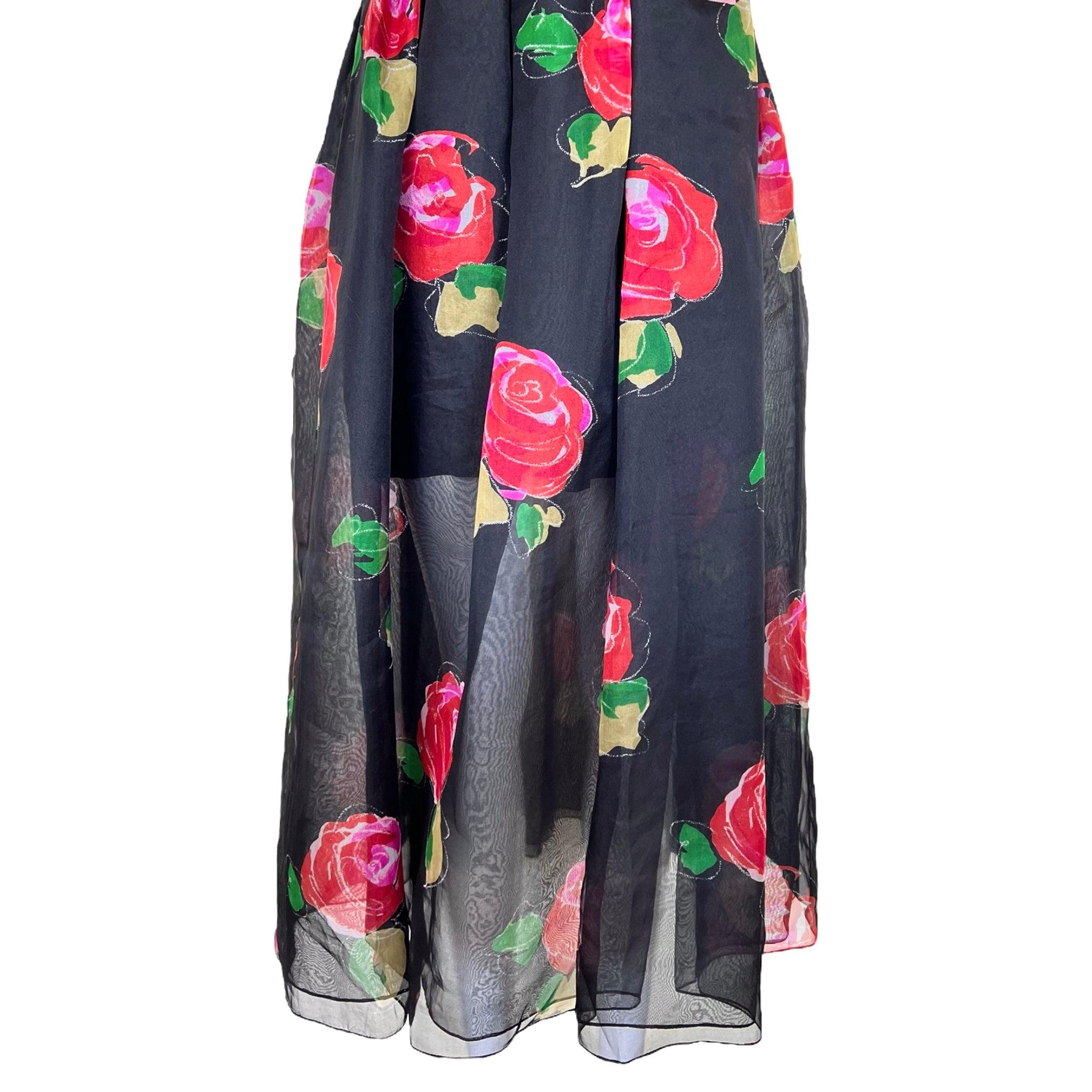 Women's Hanae Mori Black Rose Print Silk Organdy Dress, 1980s For Sale