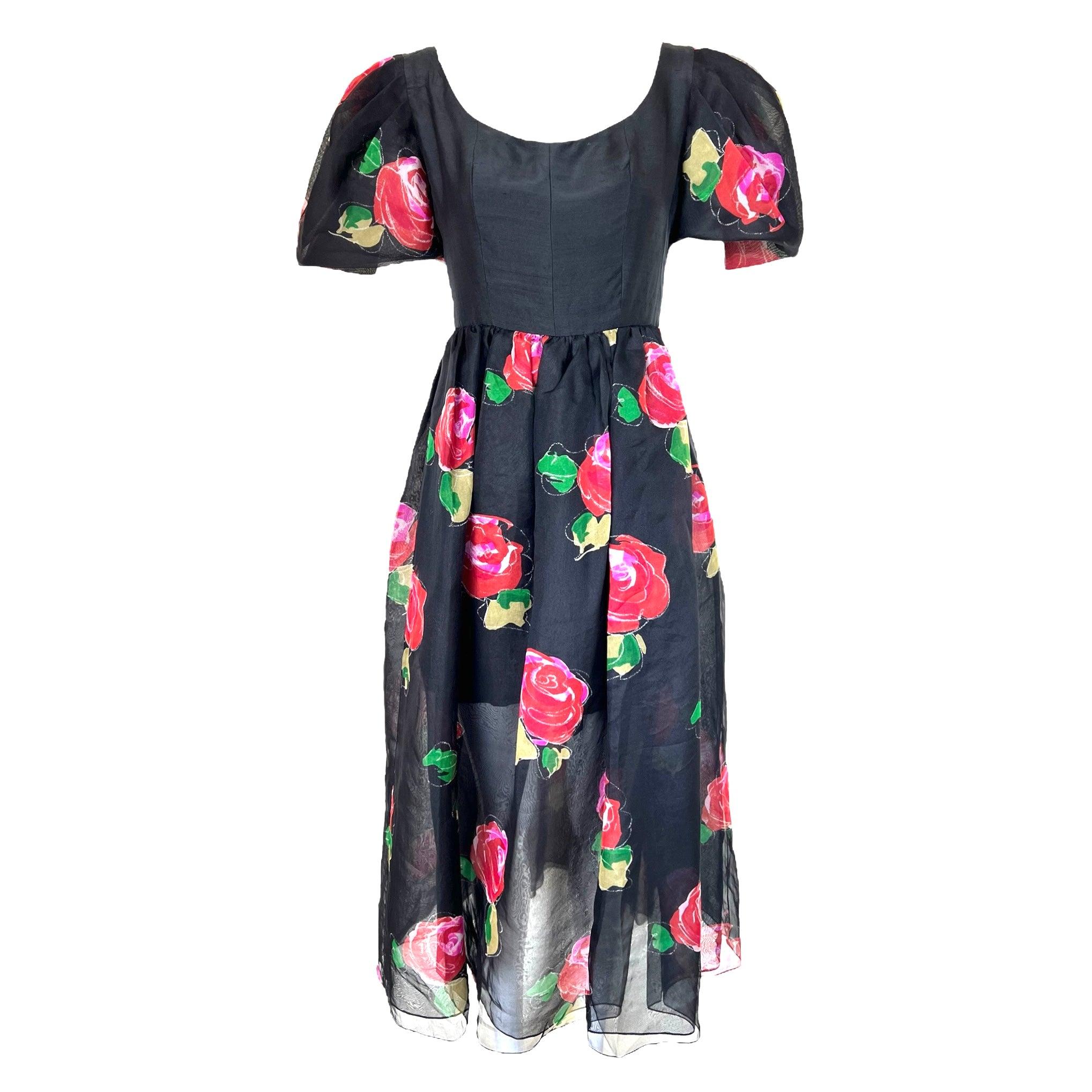 Hanae Mori Black Rose Print Silk Organdy Dress, 1980s For Sale