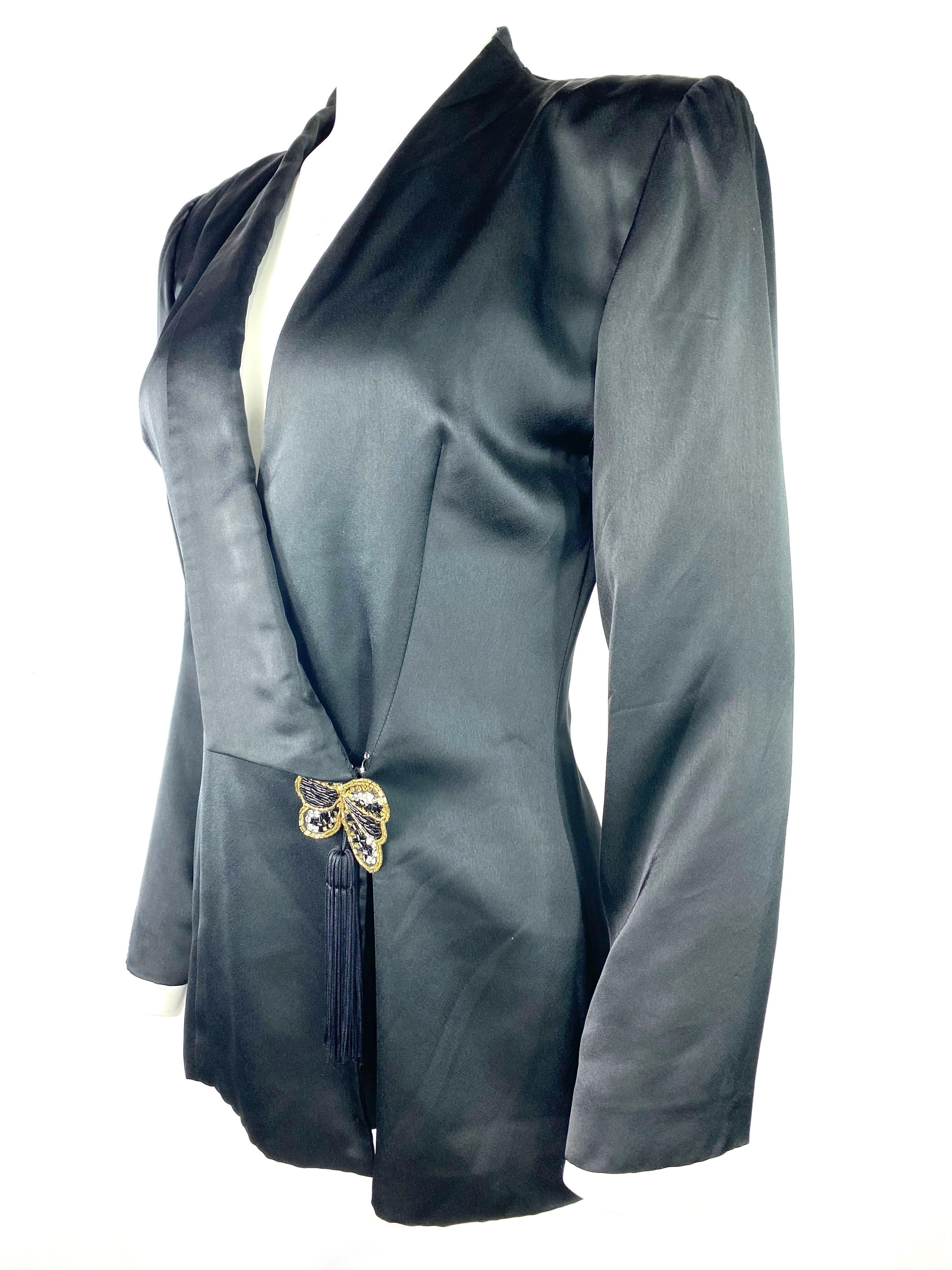 Hanae Mori Boutique Black Silk Blazer Jacket, Size Small For Sale 1
