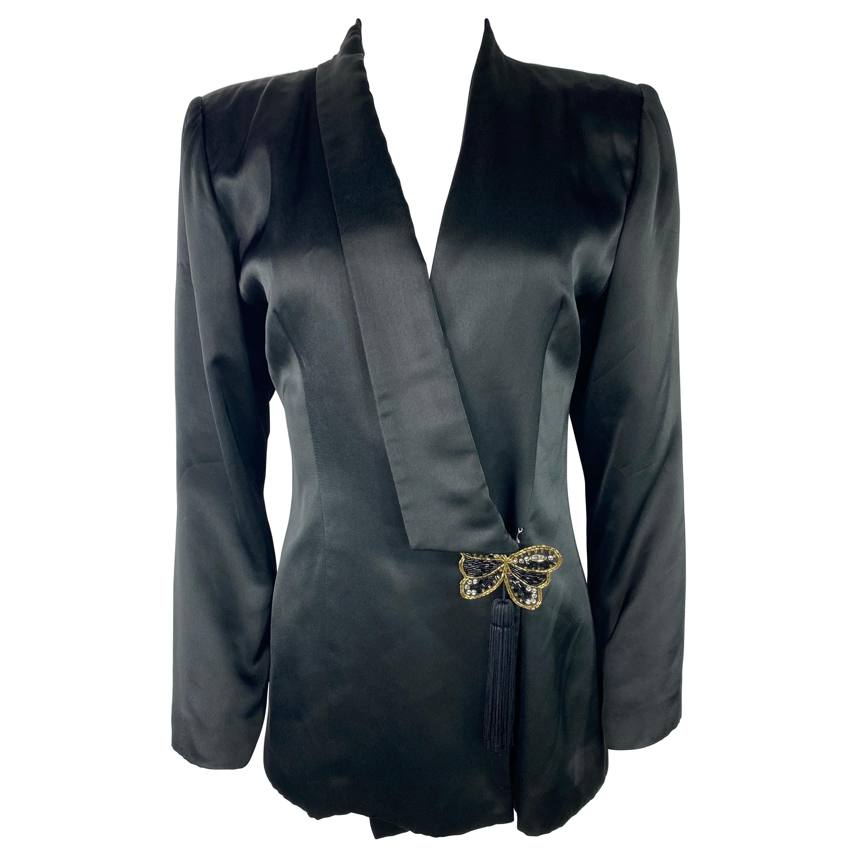 Hanae Mori Boutique Black Silk Blazer Jacket, Size Small For Sale
