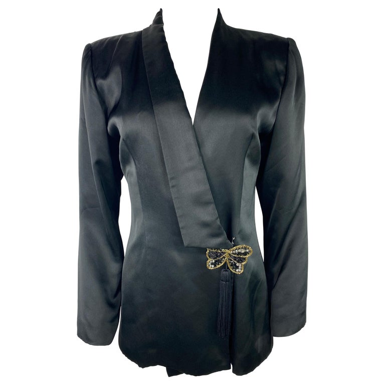 Hanae Mori Boutique Black Silk Blazer Jacket, Size Small For Sale 