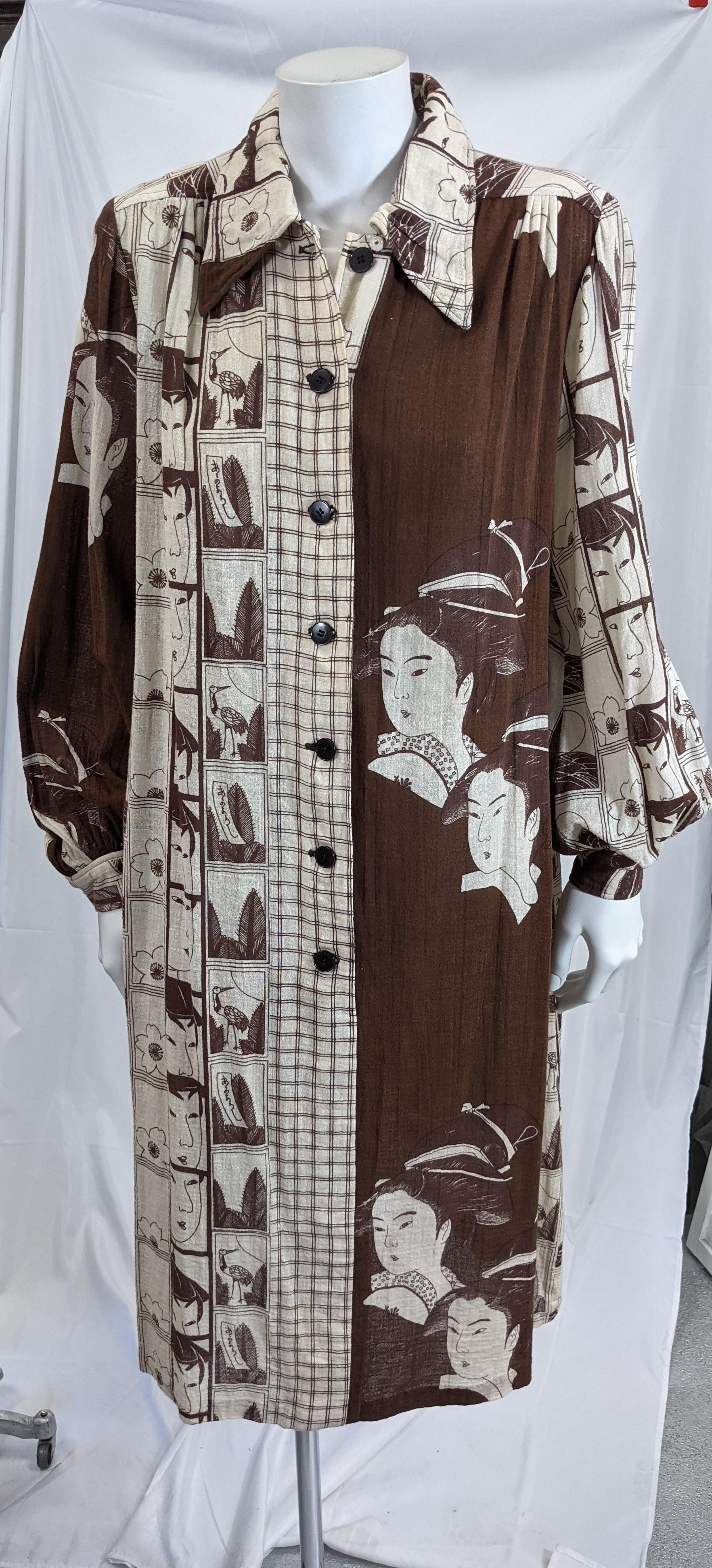 Hanae Mori Cotton Gauze Geisha Print Dress In Excellent Condition In New York, NY