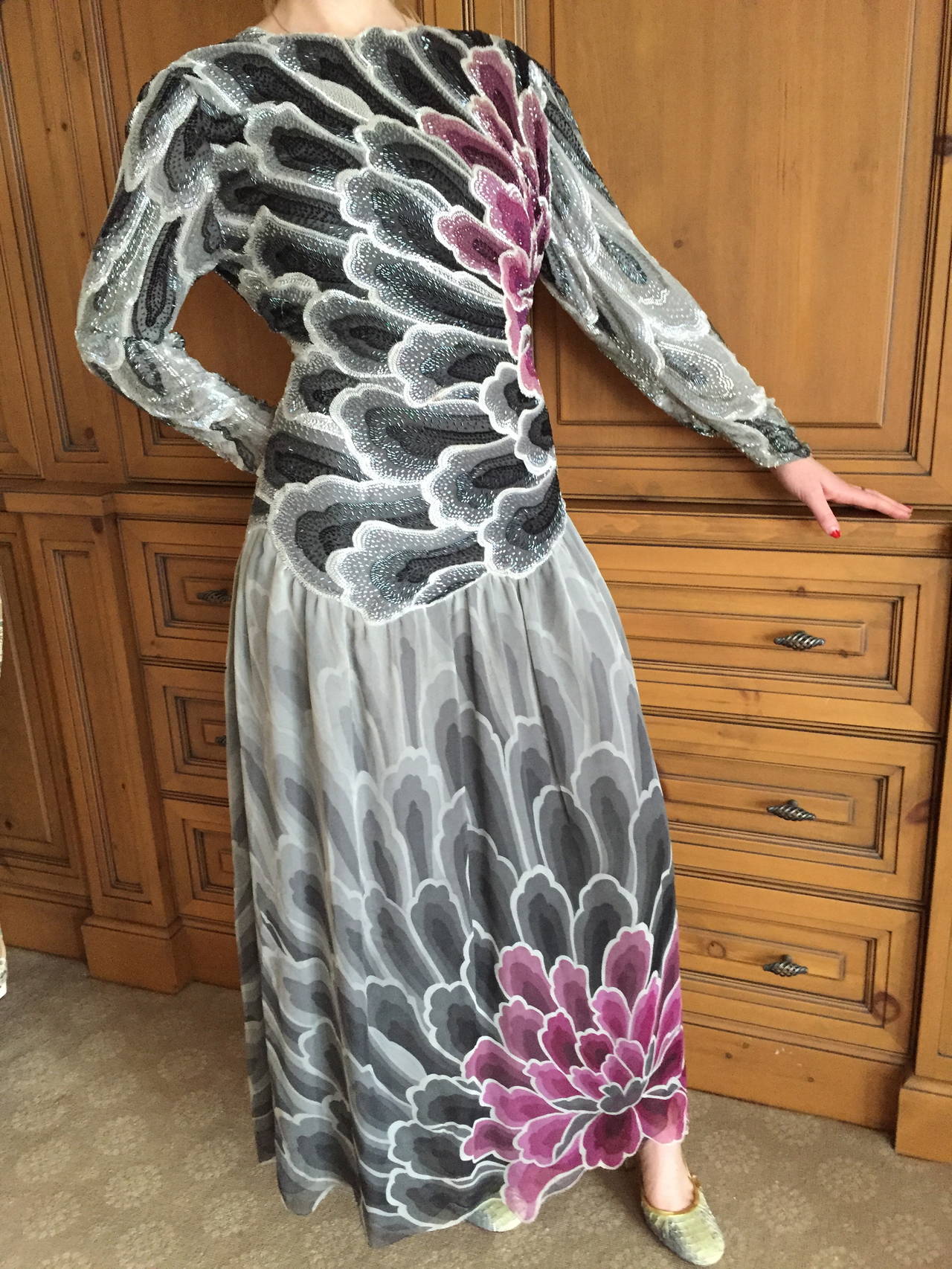 Hanae Mori Couture Beaded Flower Gown For Sale 4