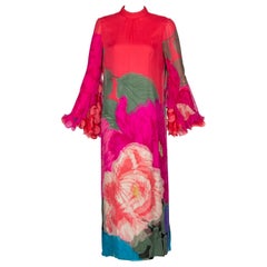 Vintage Hanae Mori Couture Bright Floral Silk Museum Held Dress, 1960s 