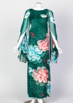 Hanae Mori Couture Green Floral Print Silk Caftan Maxi Dress, 1970s