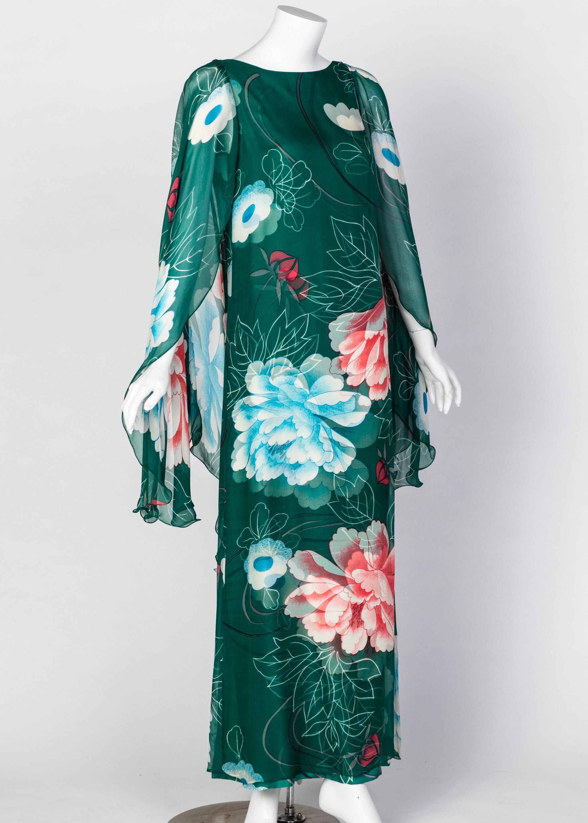 Hanae Mori Couture Grüner Blumendruck Seide Kaftan Maxikleid:: 1970er Damen