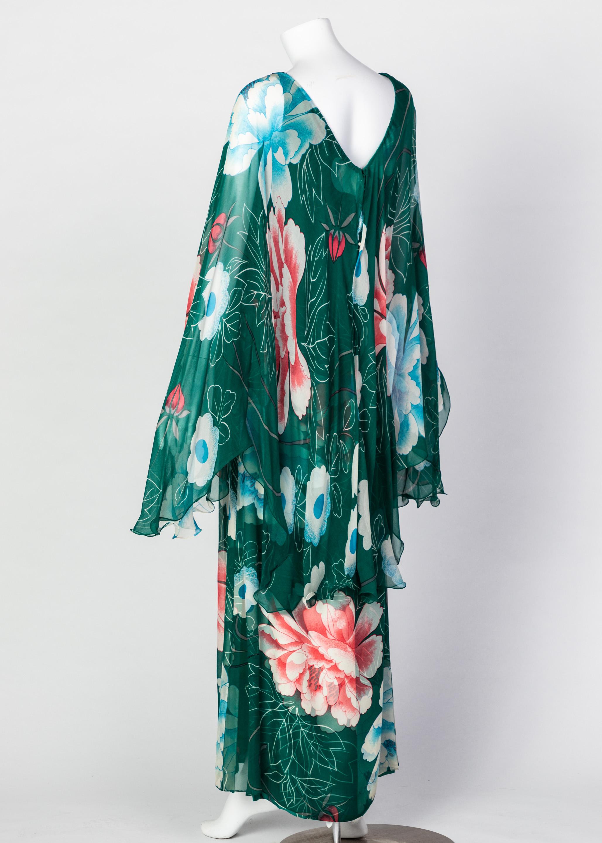 Hanae Mori Couture Grüner Blumendruck Seide Kaftan Maxikleid:: 1970er 1
