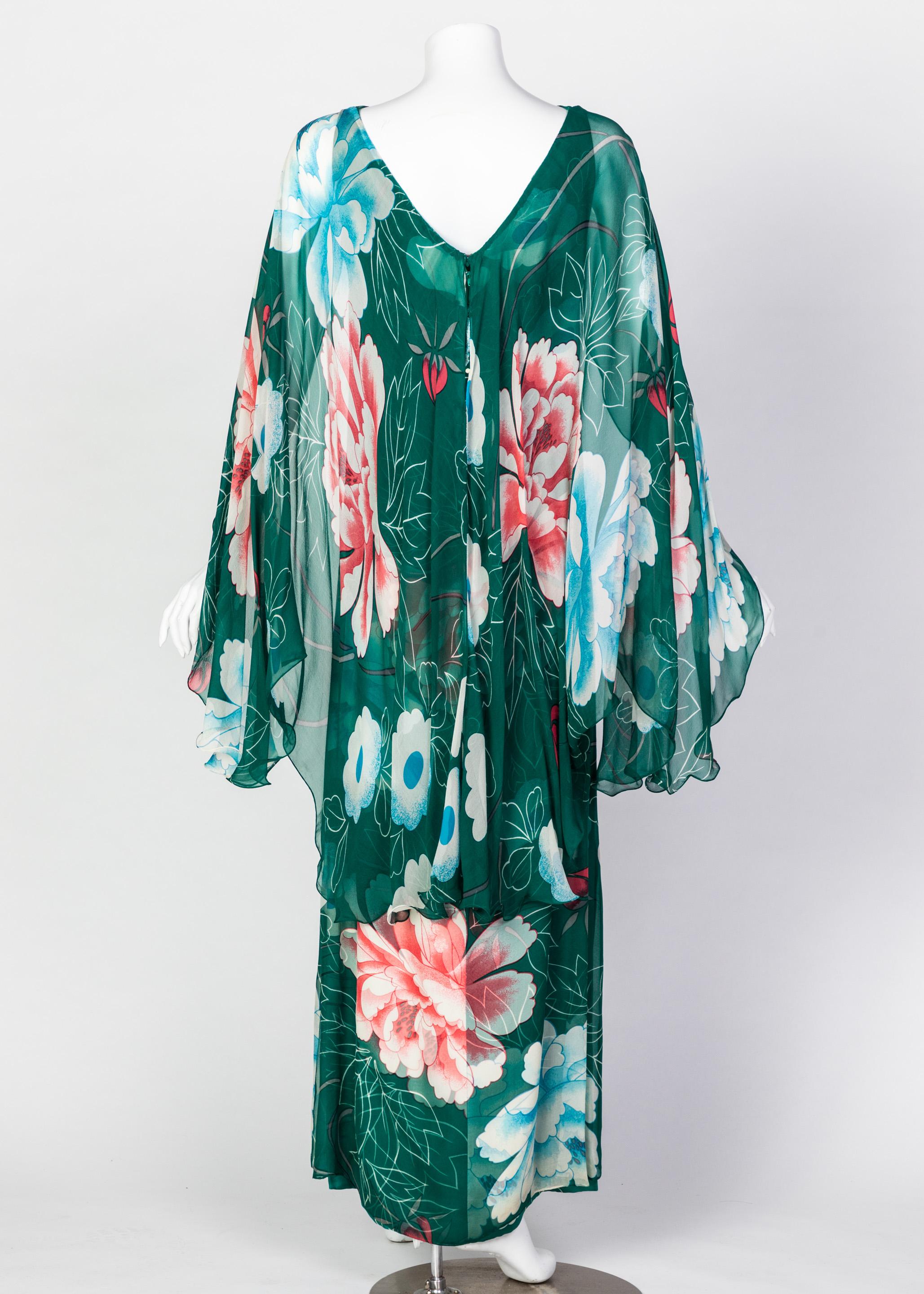 Hanae Mori Couture Grüner Blumendruck Seide Kaftan Maxikleid:: 1970er 2