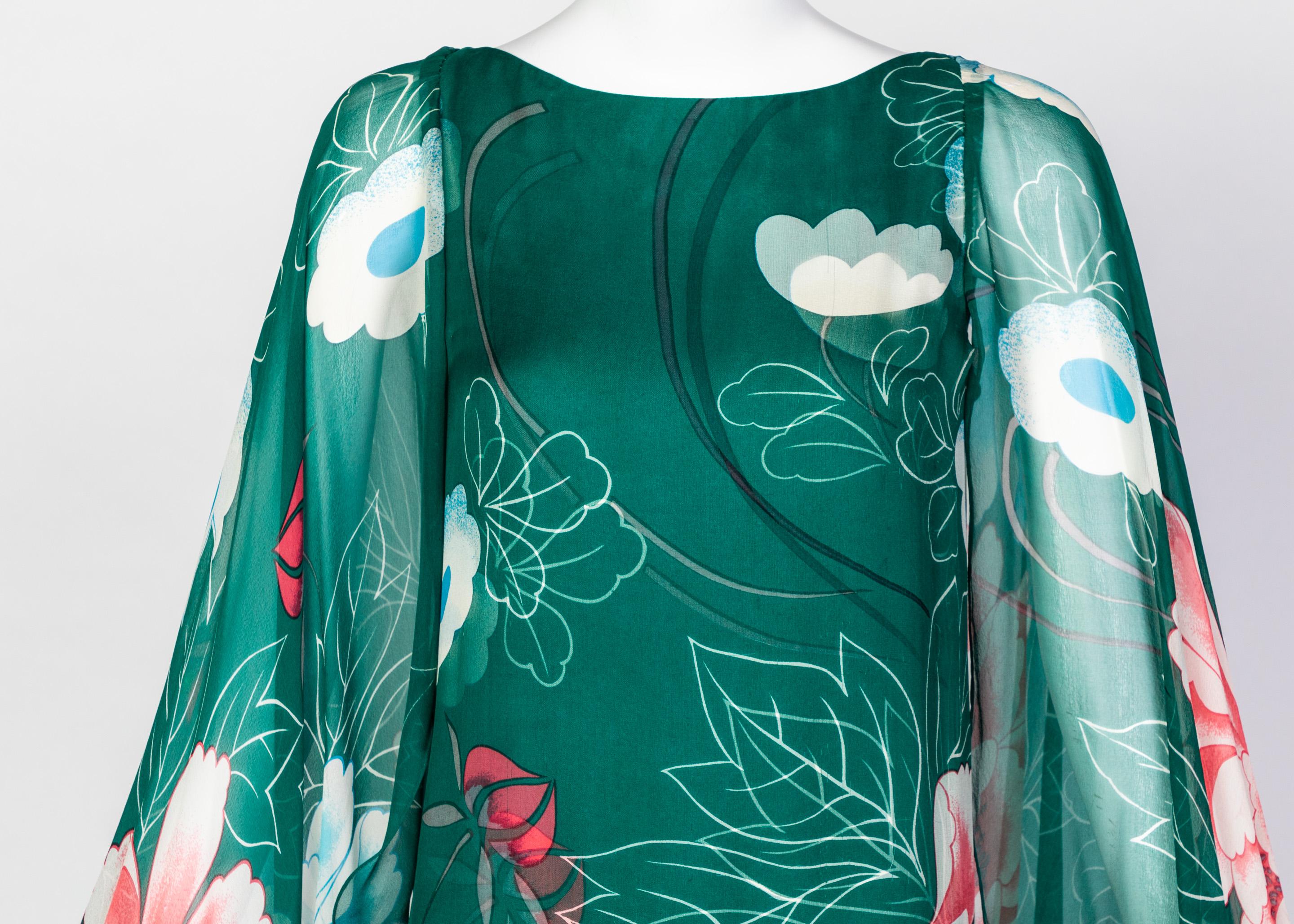 Hanae Mori Couture Grüner Blumendruck Seide Kaftan Maxikleid:: 1970er 3