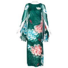 Hanae Mori Couture Green Floral Print Silk Caftan Maxi Dress, 1970s