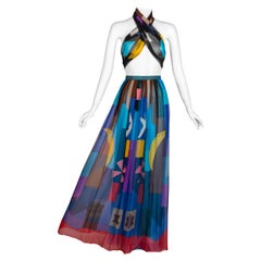 Vintage Hanae Mori Couture Silk Printed Maxi Skirt & Shawl Set, 1980s