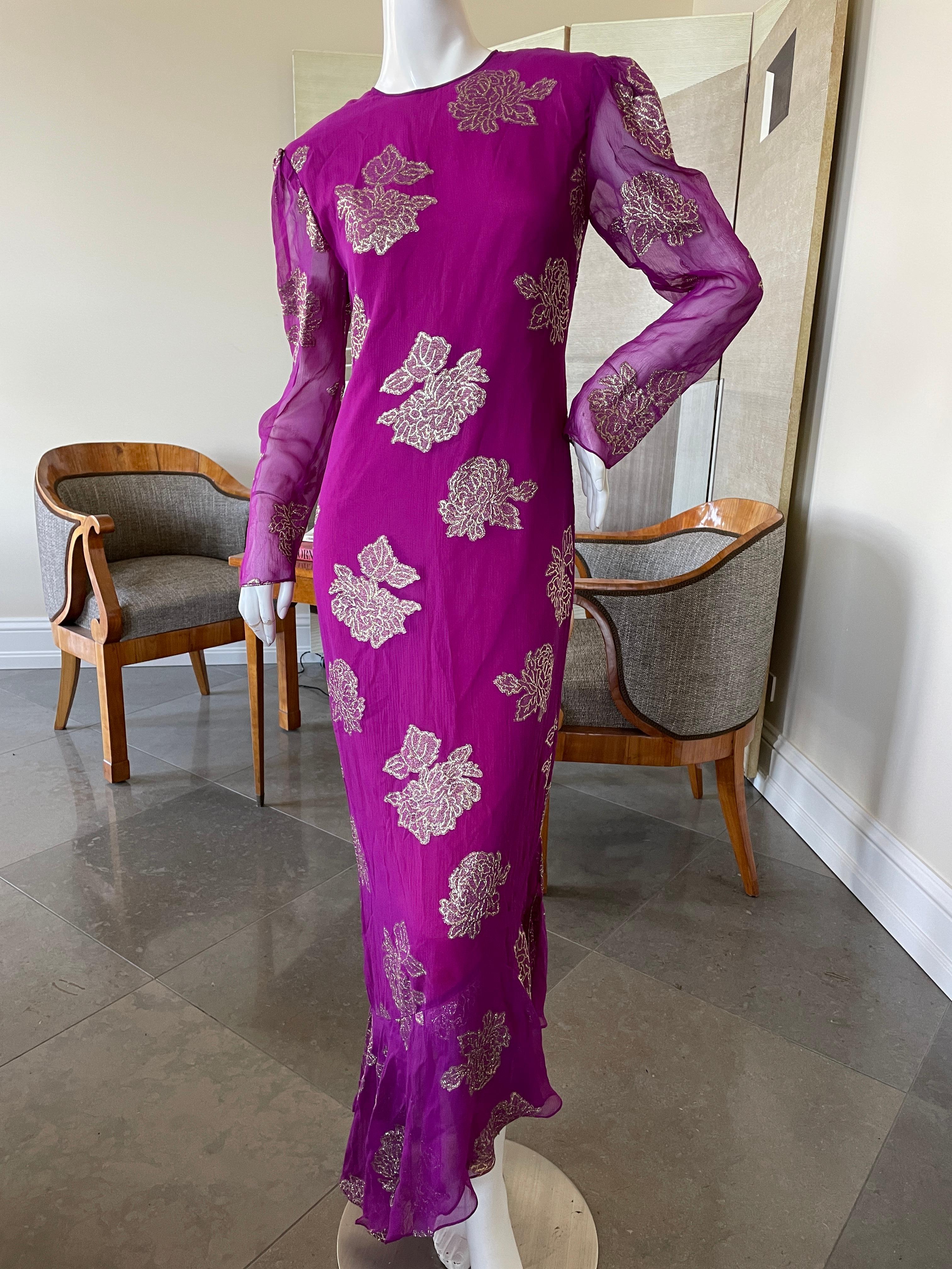 Purple Hanae Mori Deep Pink Silk Chiffon Gold Chrysanthemum Pattern Dress For Sale