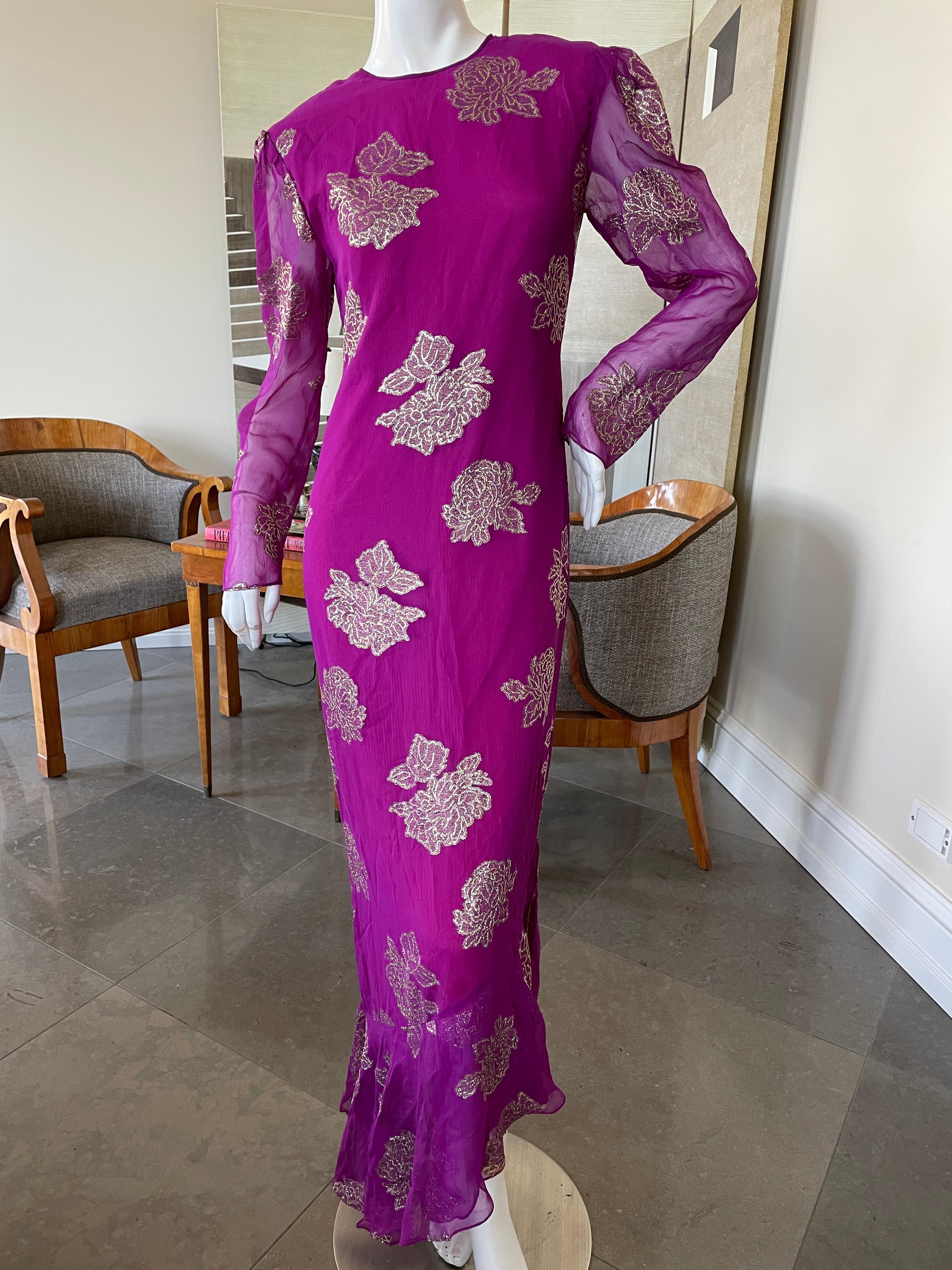 Hanae Mori Deep Pink Silk Chiffon Gold Chrysanthemum Pattern Dress In Excellent Condition For Sale In Cloverdale, CA