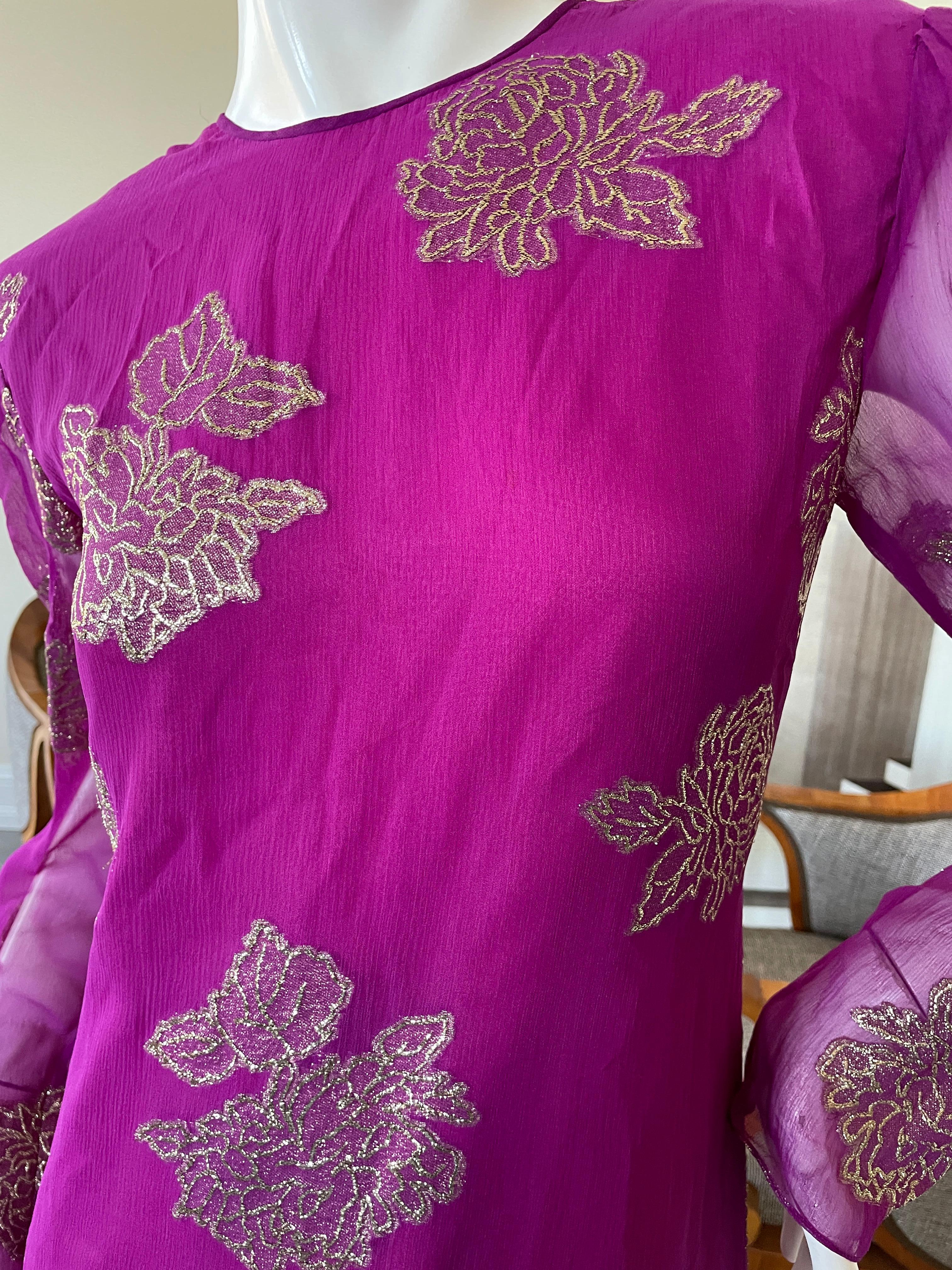 Women's Hanae Mori Deep Pink Silk Chiffon Gold Chrysanthemum Pattern Dress For Sale
