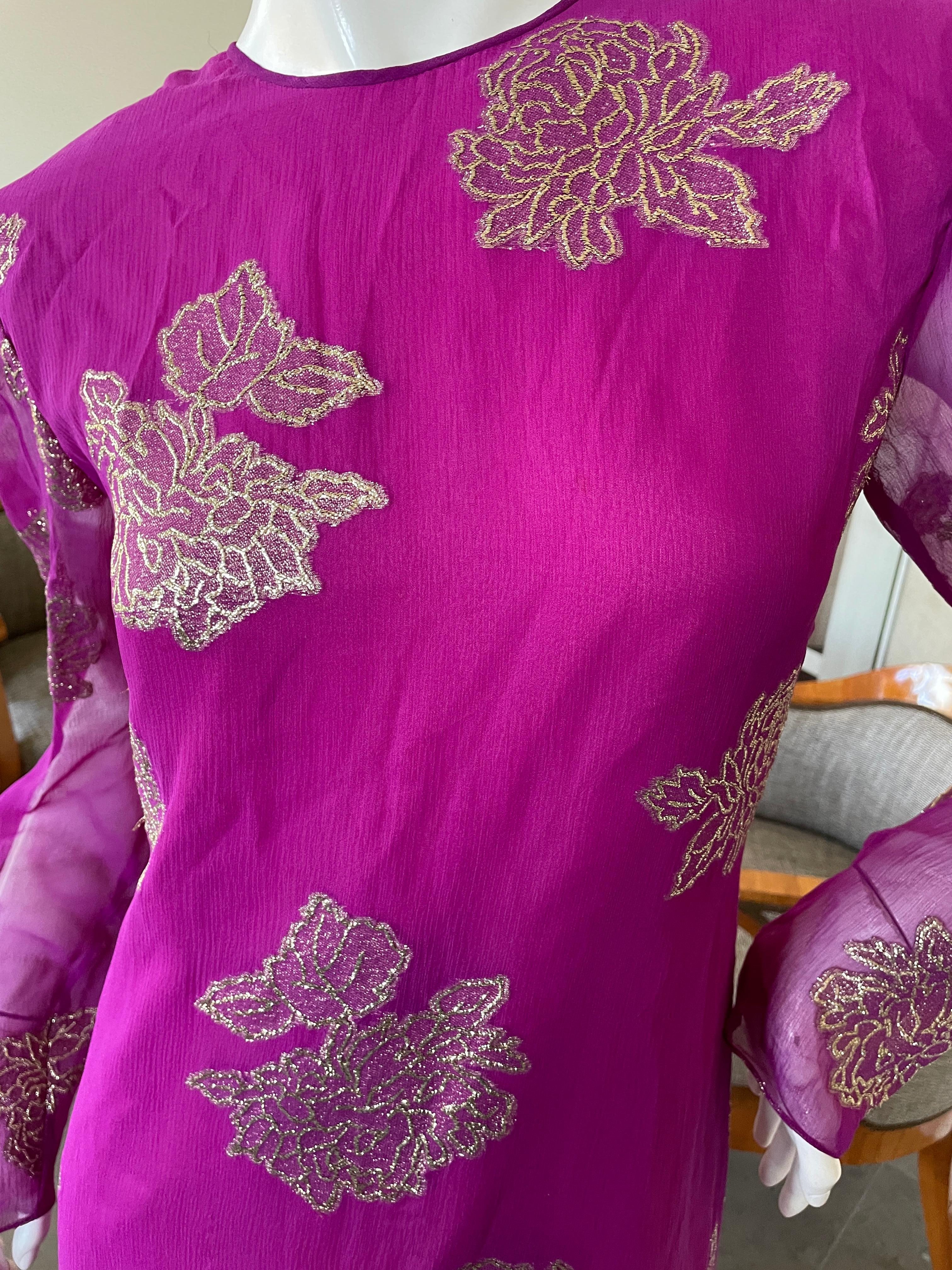 Hanae Mori Deep Pink Silk Chiffon Gold Chrysanthemum Pattern Dress For Sale 1