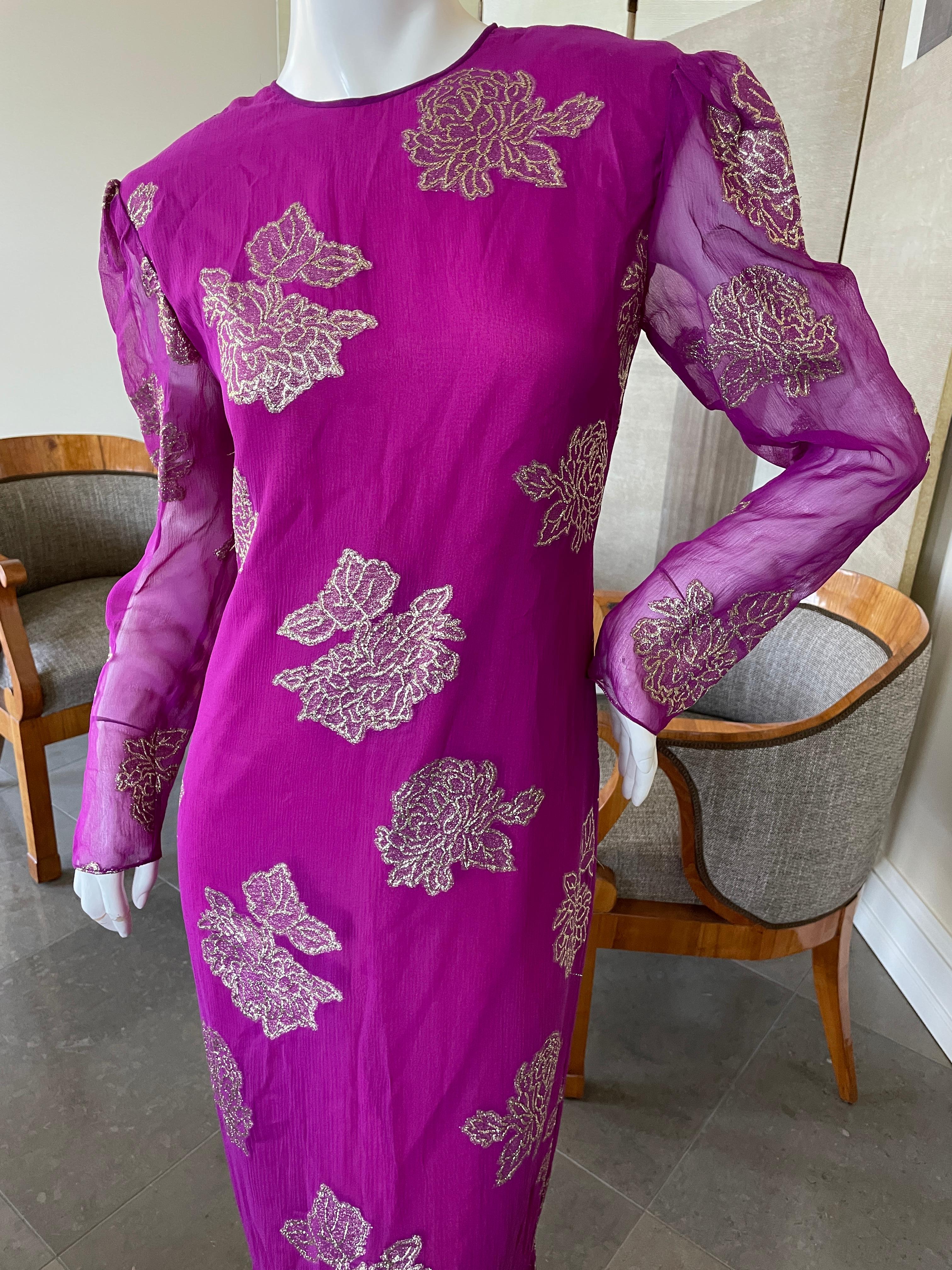 Hanae Mori Deep Pink Silk Chiffon Gold Chrysanthemum Pattern Dress For Sale 2