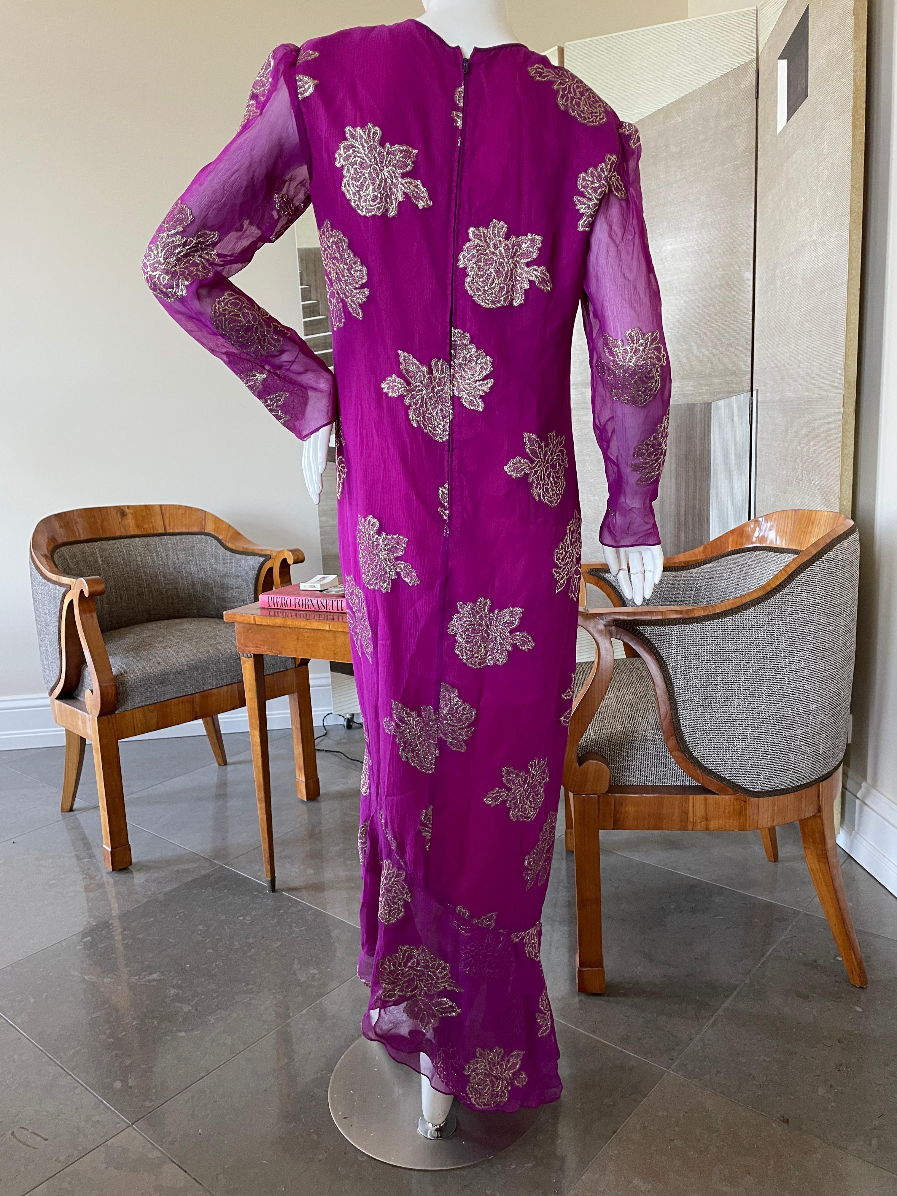 Hanae Mori Deep Pink Silk Chiffon Gold Chrysanthemum Pattern Dress For Sale 3