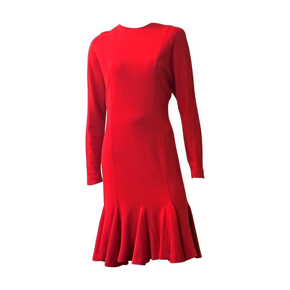  Hanae Mori for Neiman Marcus 1980s Red Wool Jersey Dress Size 6. For Sale