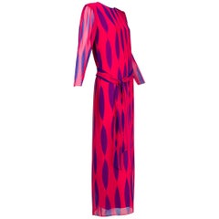 Retro Hanae Mori Fuchsia and Purple Pop Art Column Gown - Medium, 1980s