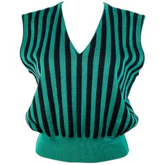 Hanae Mori Golf Black and Green Striped Wool Sweater Vest Size M