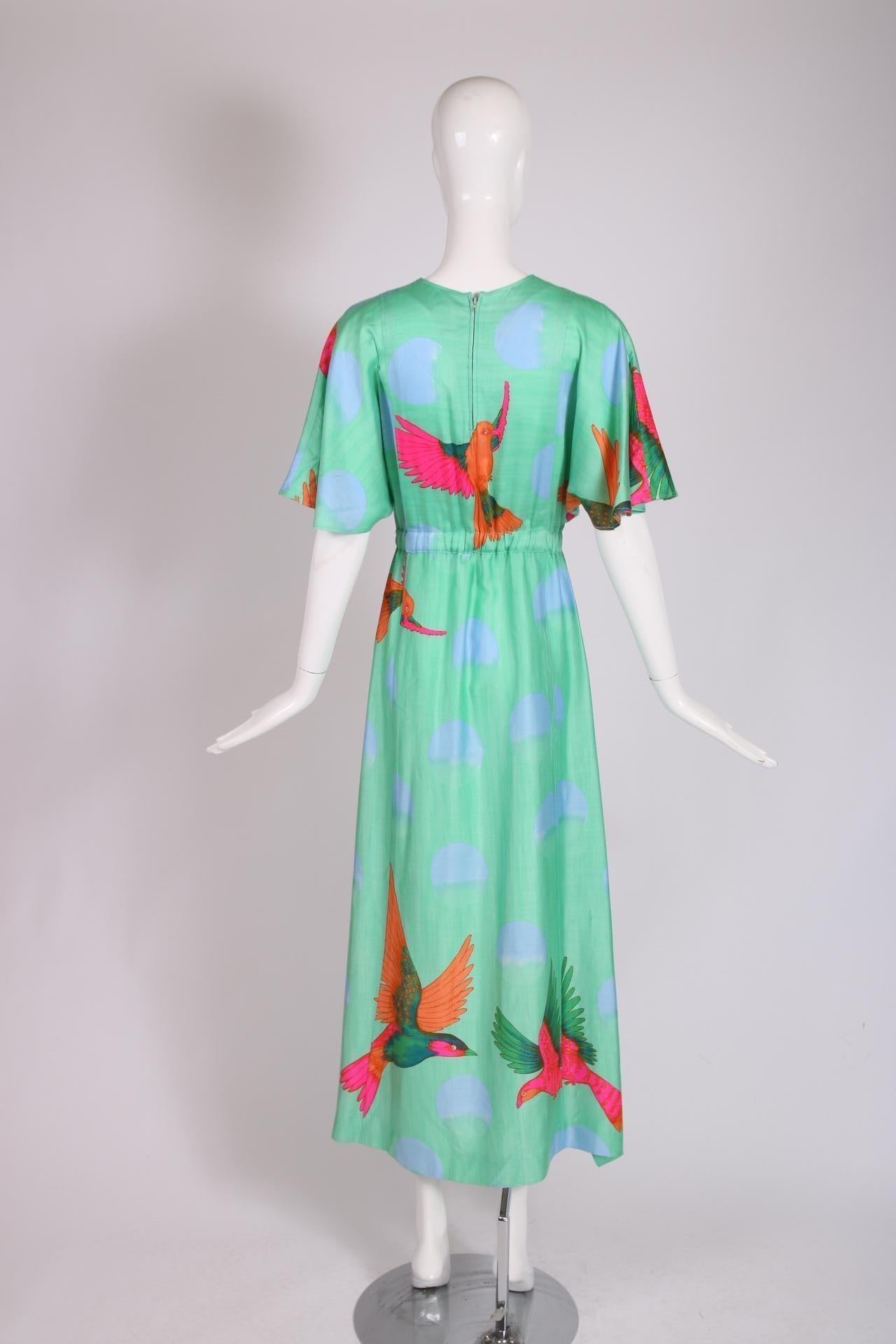 Hanae Mori Green Flutter Sleeve Maxi Dress w/Exotic Bird Print In Excellent Condition In Studio City, CA