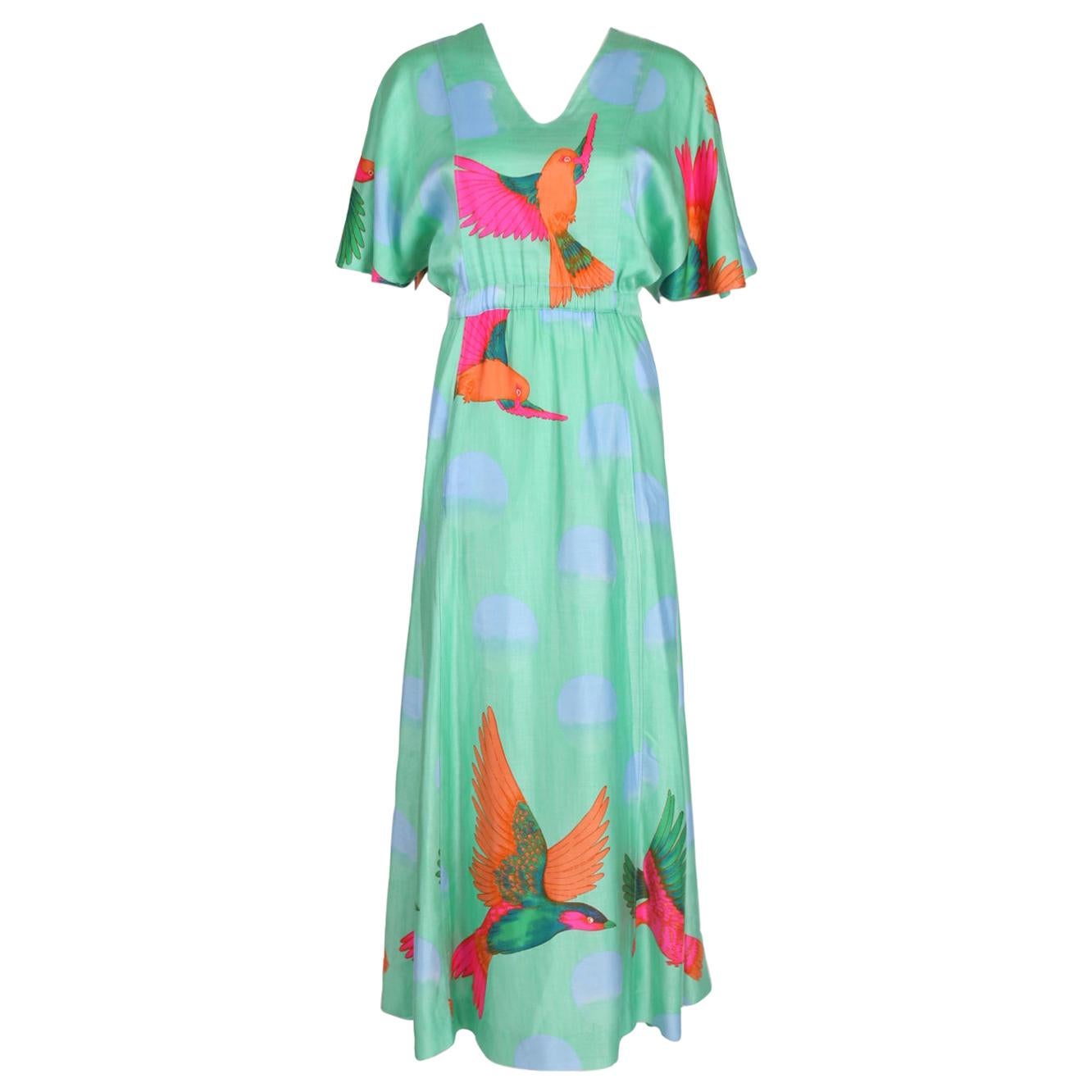 Hanae Mori Green Flutter Sleeve Maxi Dress w/Exotic Bird Print