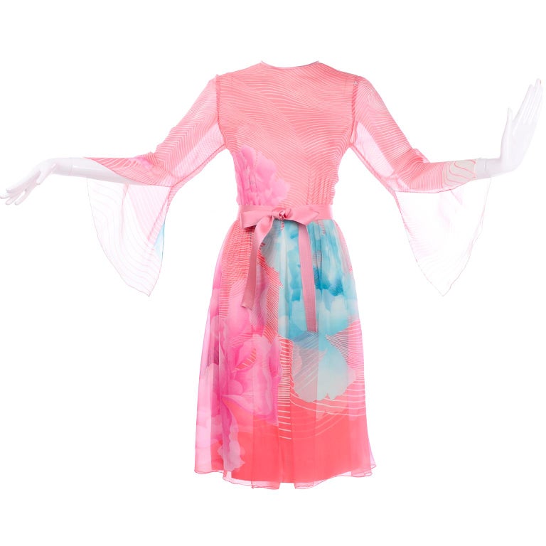 Hanae Mori Japan Vintage Orange Pink and Blue Silk Chiffon Dress Bergdorf  Goodman For Sale at 1stDibs