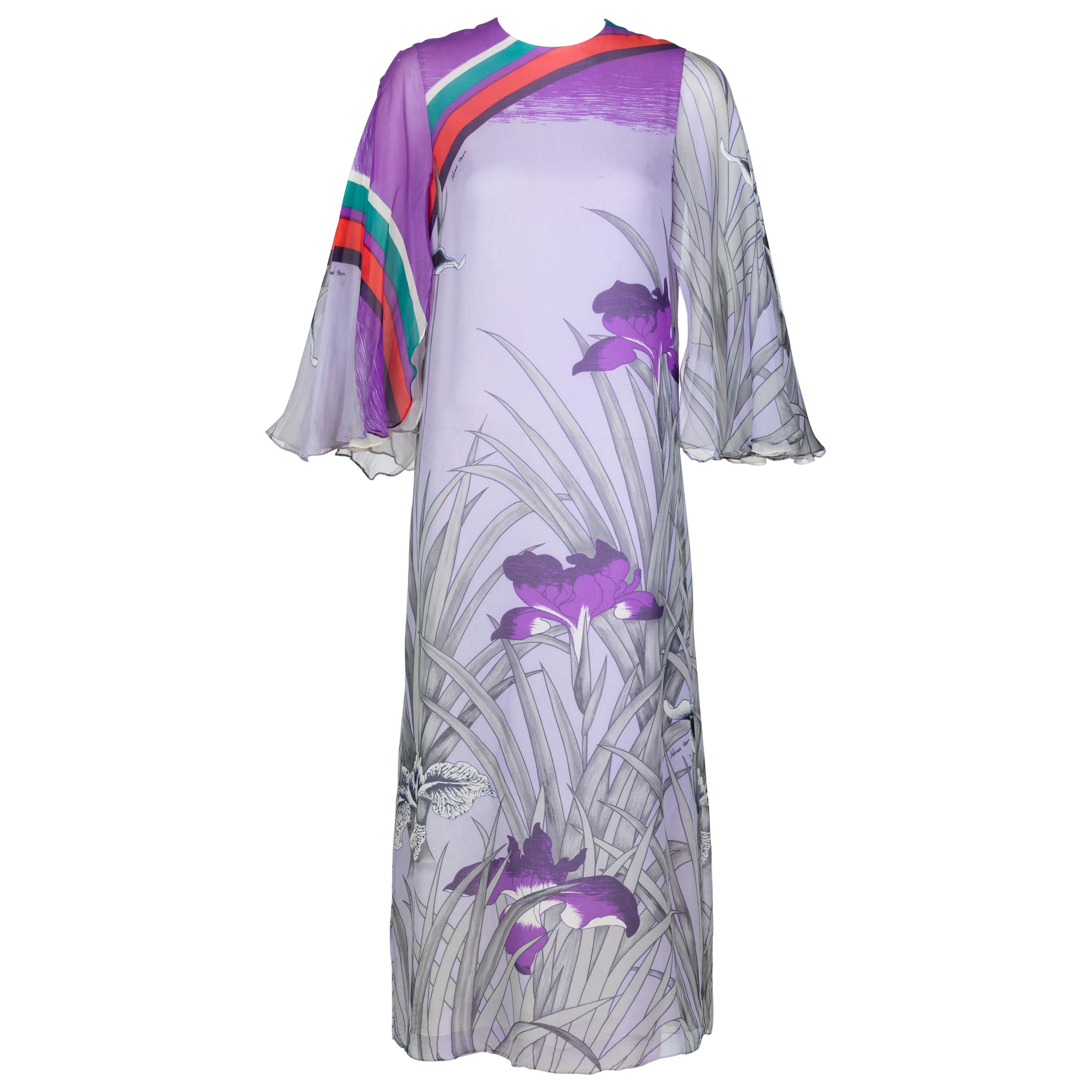 Hanae Mori Lavender Angel Sleeve Dress, 1970s For Sale